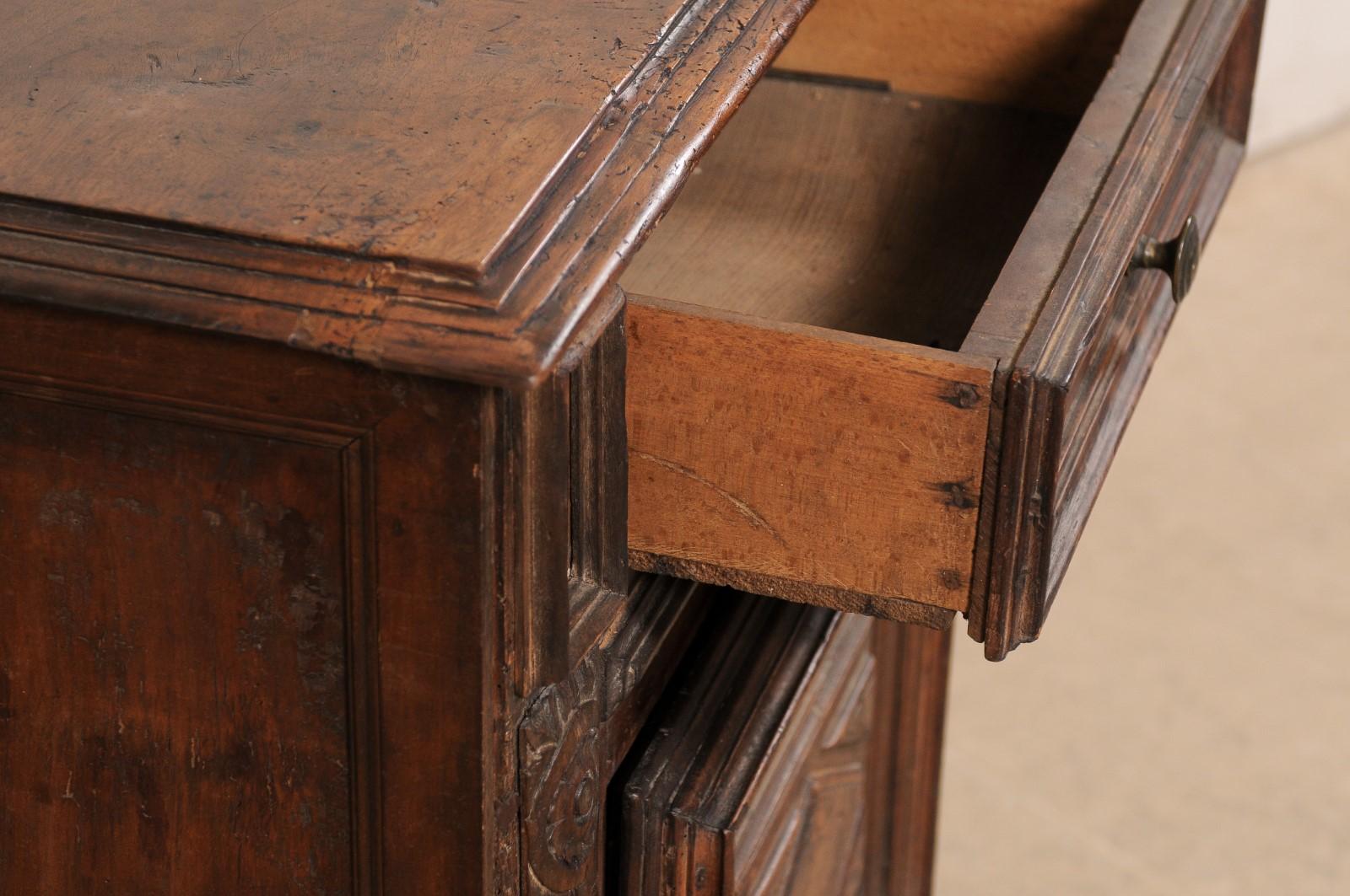 Italian Small-Sized Carved Walnut Cabinet on Paw Feet, Turn of 17th & 18th C. For Sale 1