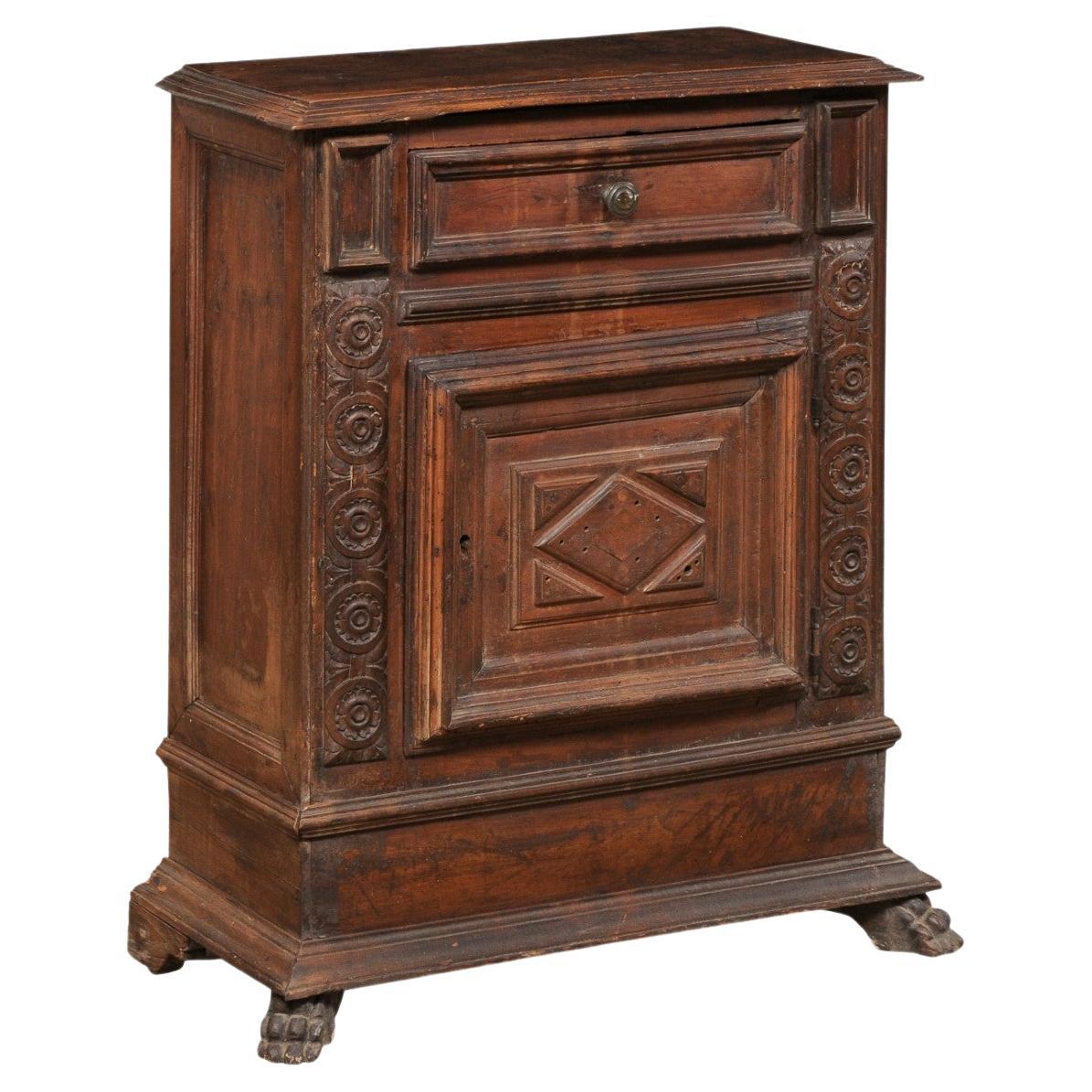 Italian Small-Sized Carved Walnut Cabinet on Paw Feet, Turn of 17th & 18th C. For Sale