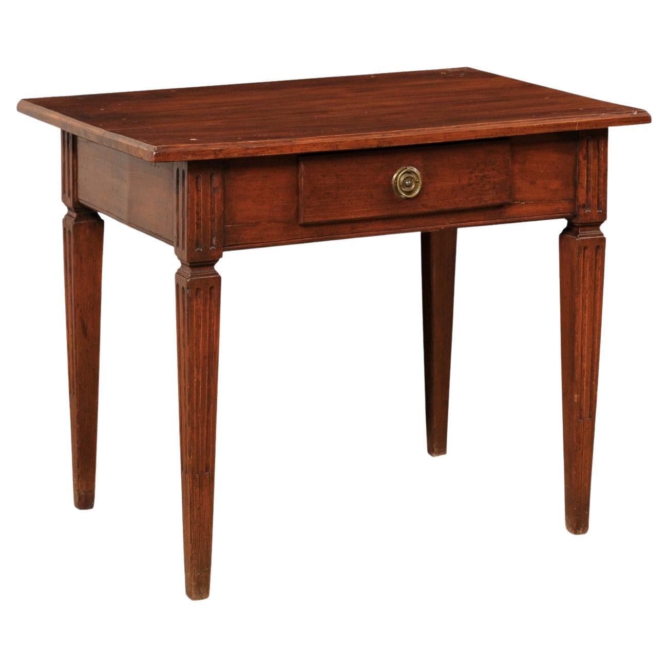 Italian Small Wooden Table w/Drawer Presented on Flute-Carved Legs, 19th C. For Sale