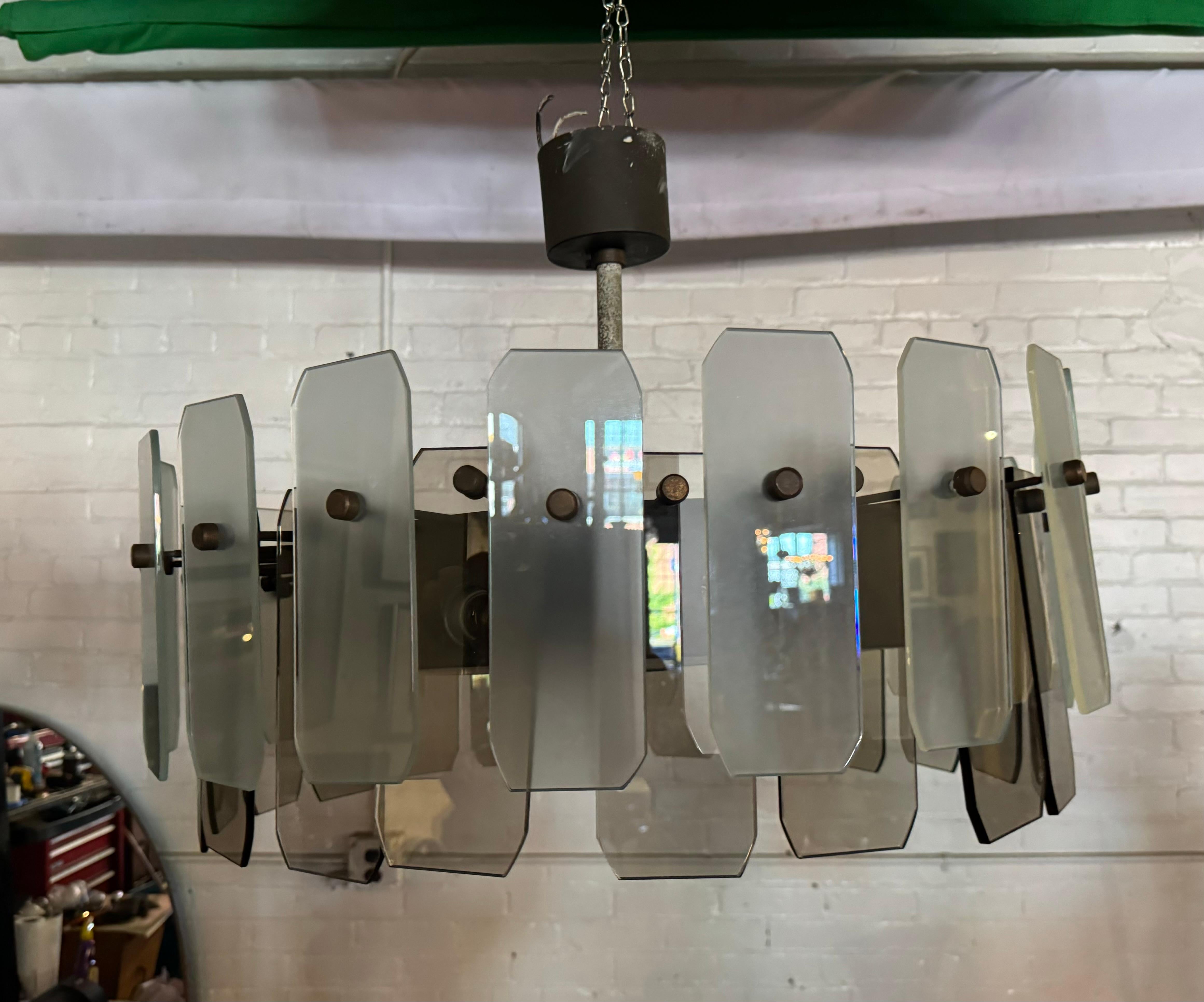 Italian Smoke and Frosted Murano Glass and Bronze Pendant Chandelier. Alternating smoke glass and frosted glass panels. measure 8