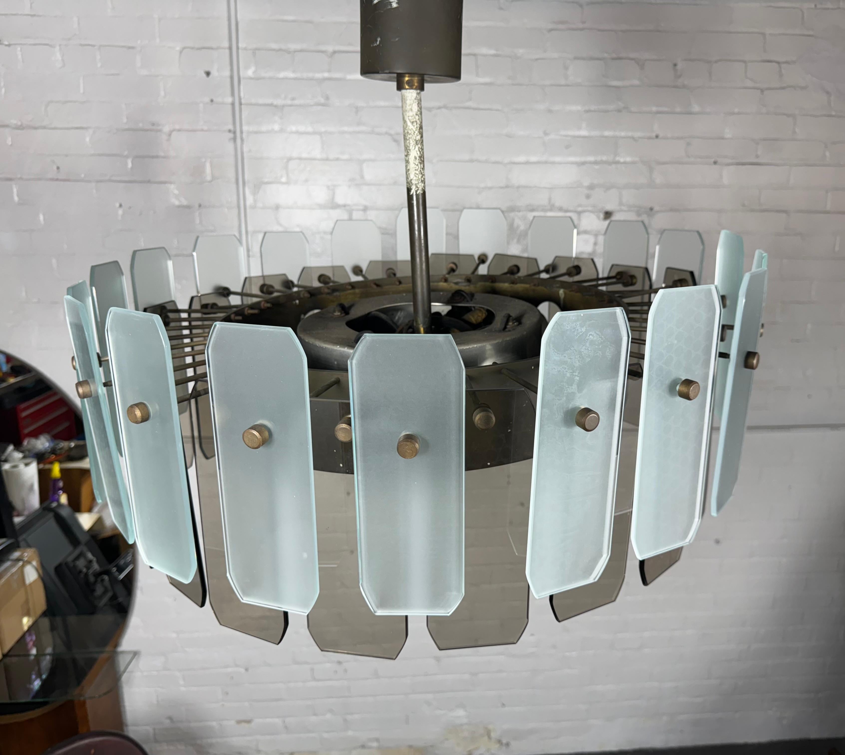 Italian Smoke and Frosted Murano Glass and Bronze Pendant Chandelier In Good Condition For Sale In Buffalo, NY