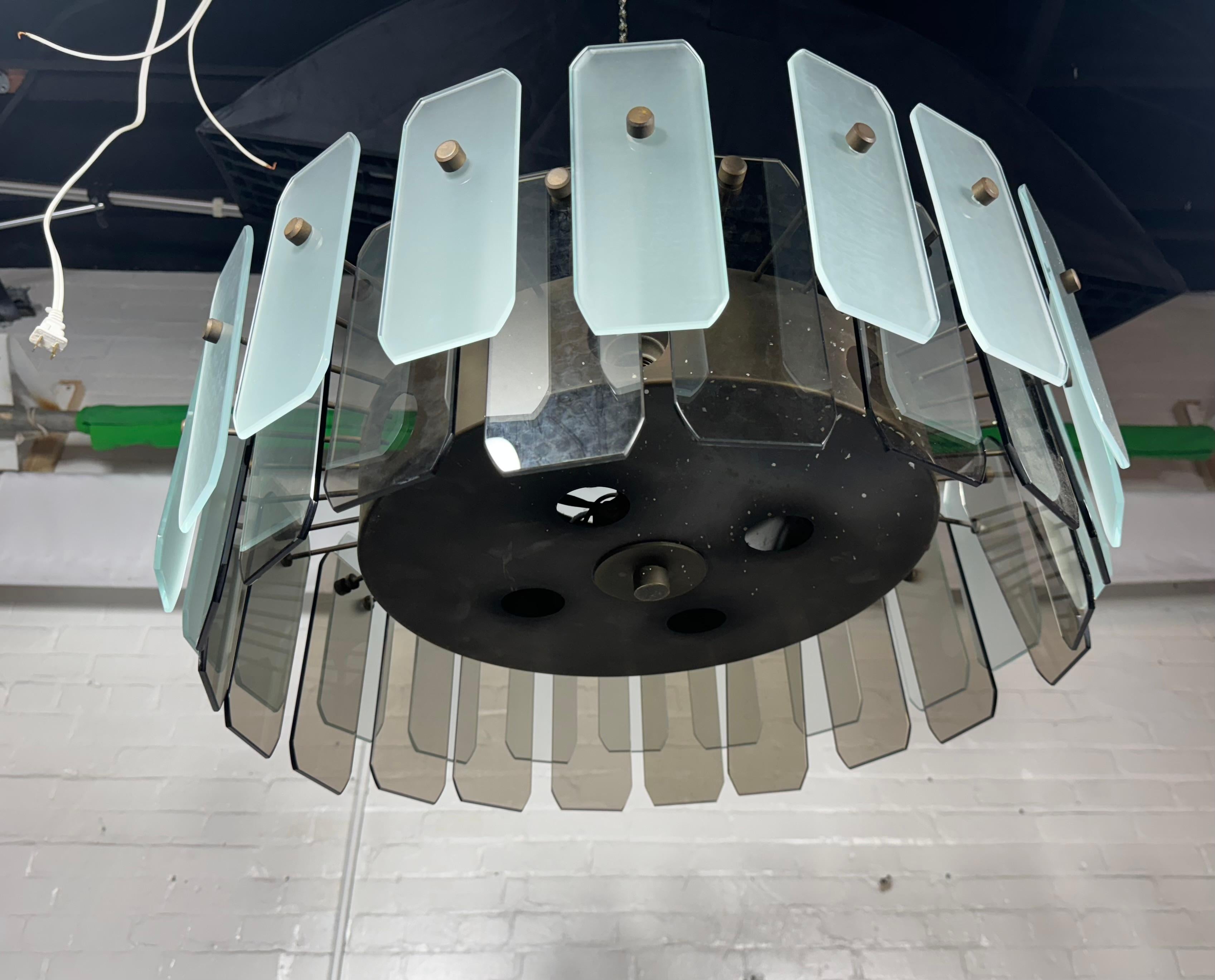 Mid-20th Century Italian Smoke and Frosted Murano Glass and Bronze Pendant Chandelier For Sale