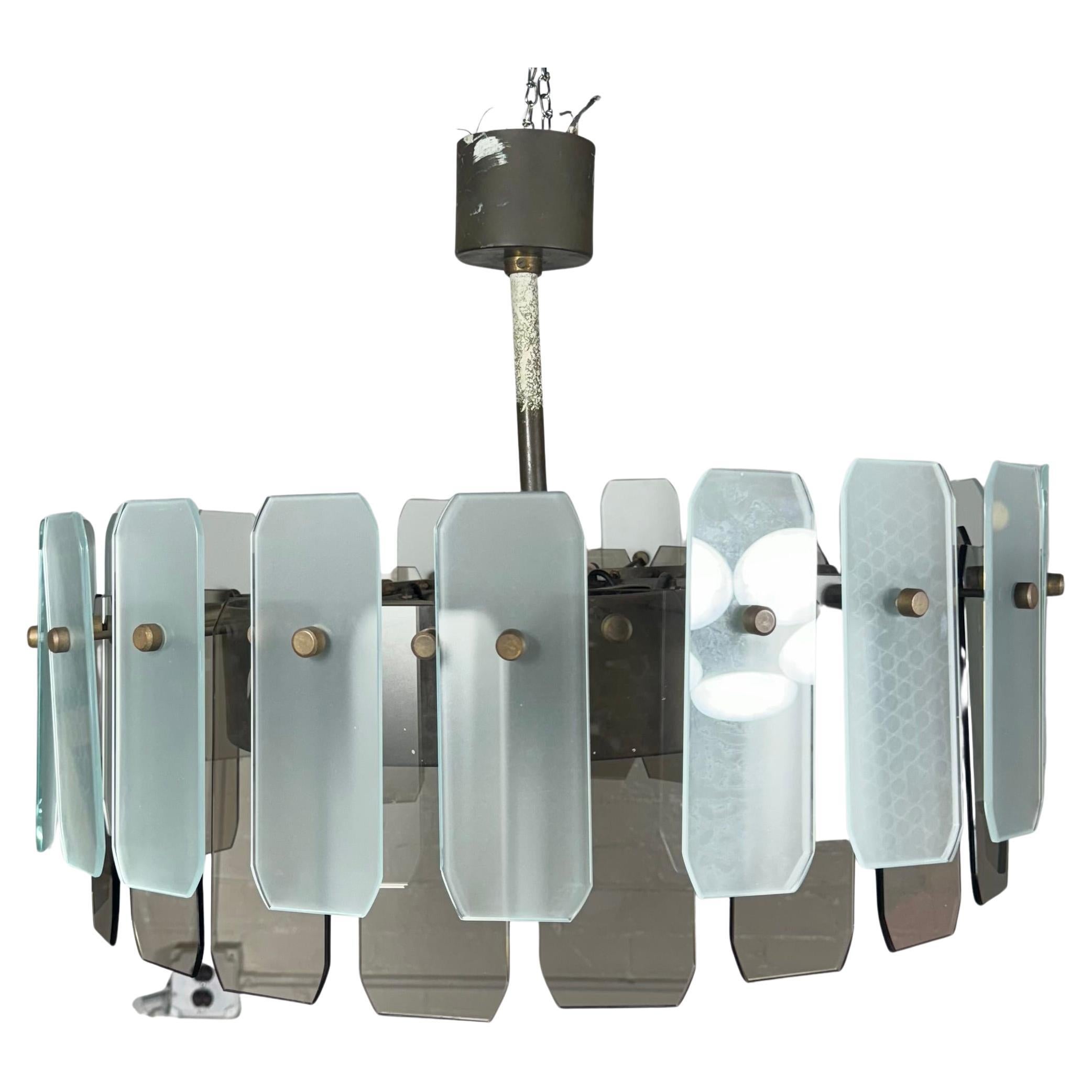 Italian Smoke and Frosted Murano Glass and Bronze Pendant Chandelier For Sale