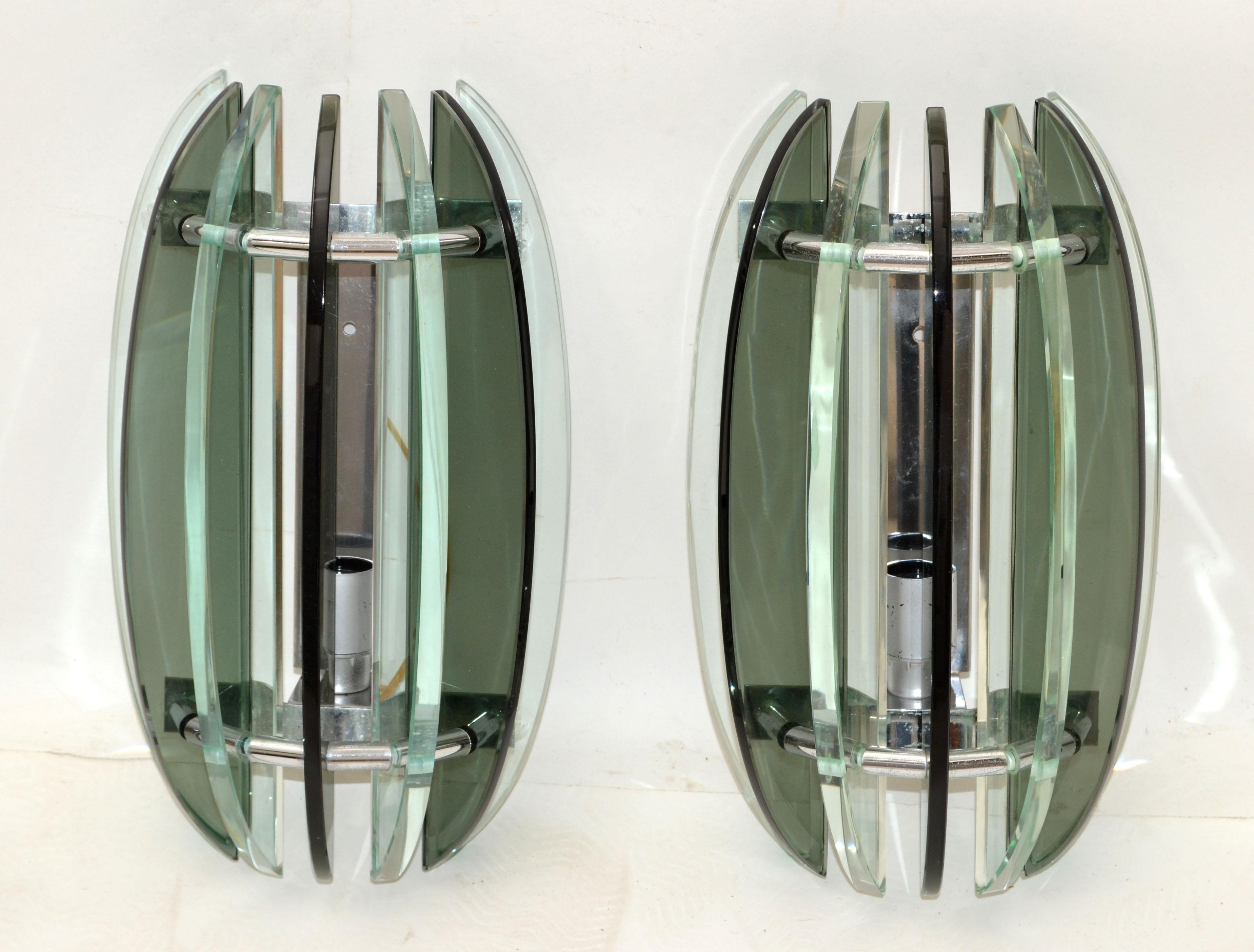 Beveled Italian Smoke & Clear Green Glass Sconces by Veca Mid-Century Modern 1970, Pair