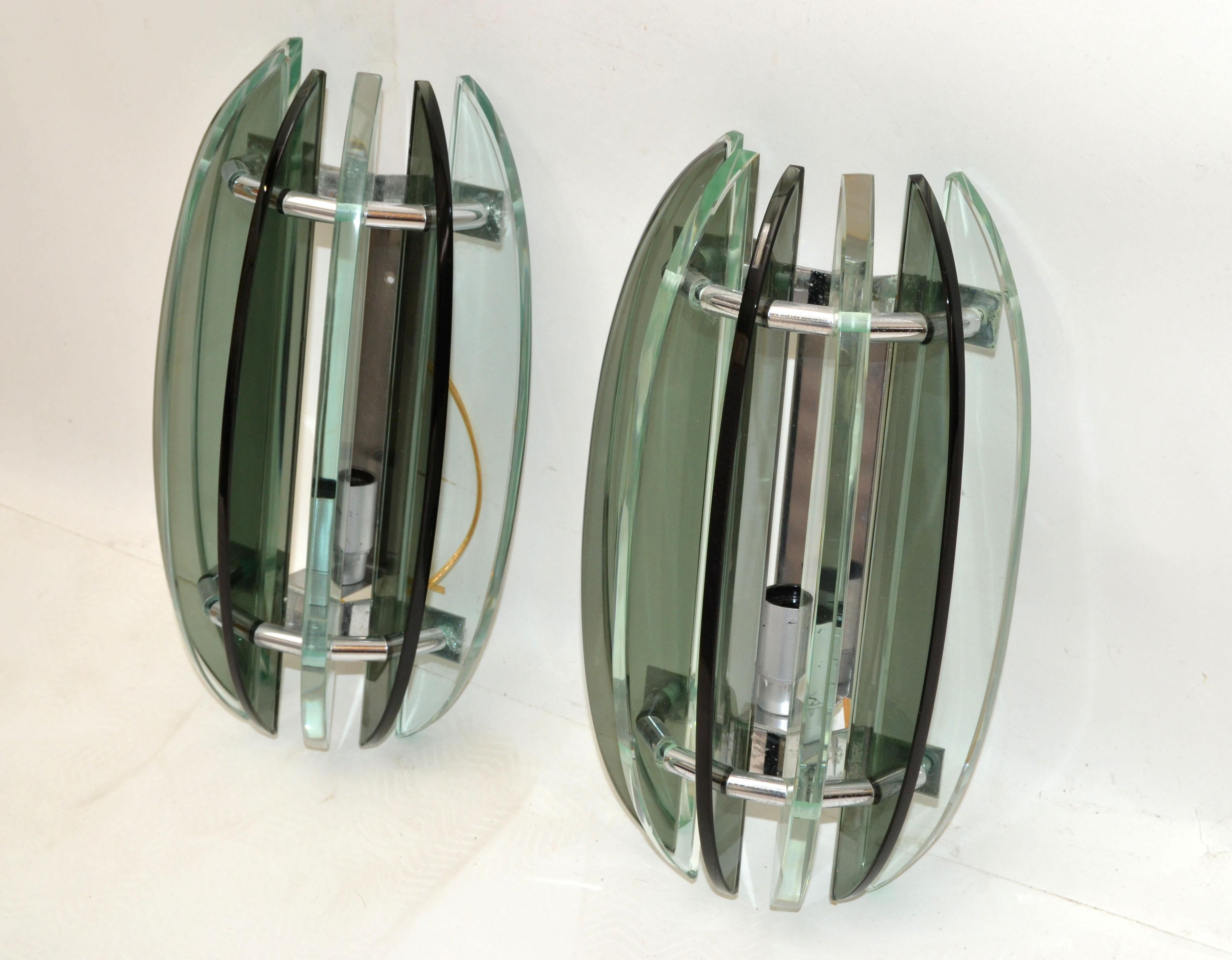 Late 20th Century Italian Smoke & Clear Green Glass Sconces by Veca Mid-Century Modern 1970, Pair