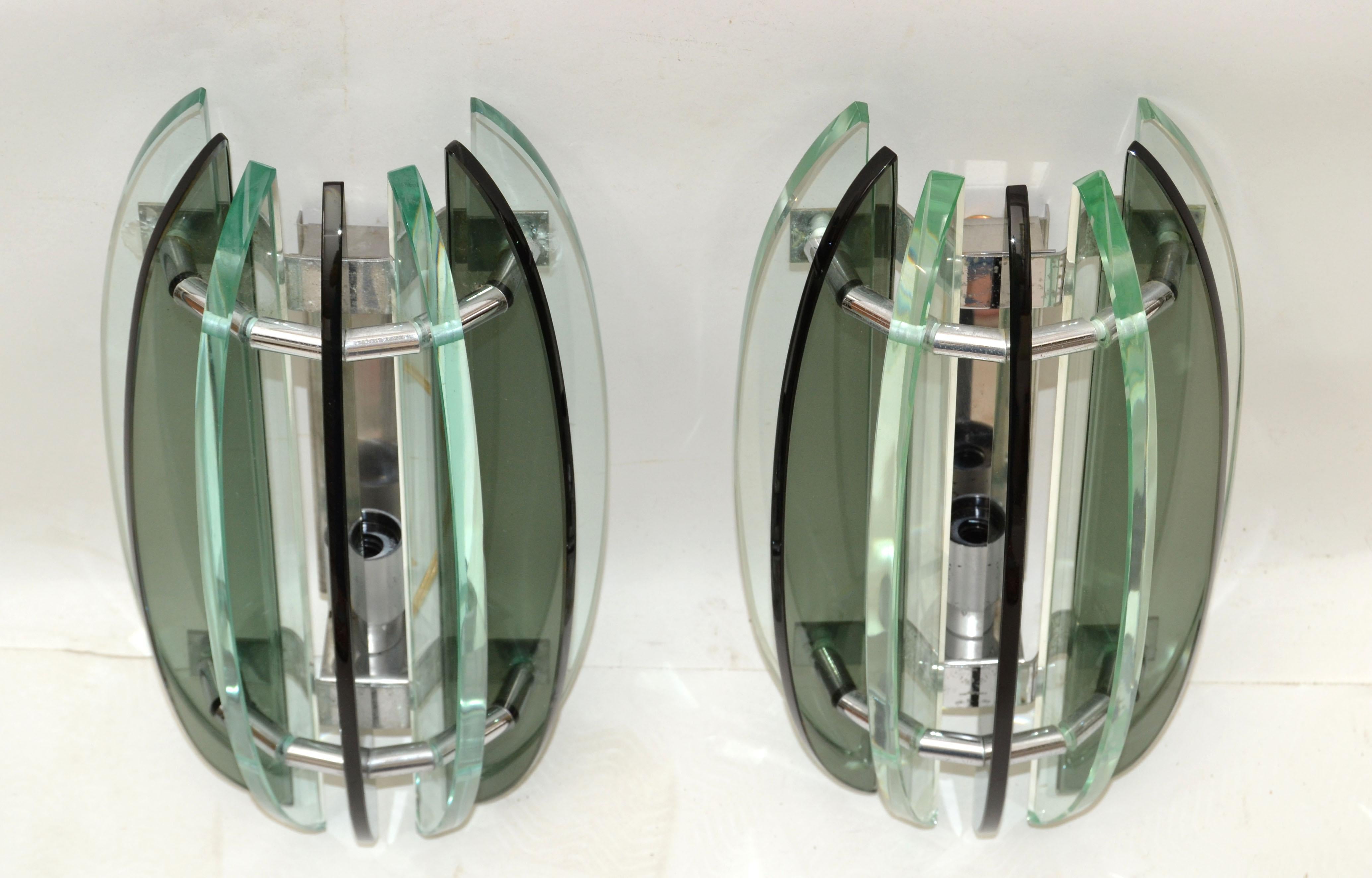 Italian Smoke & Clear Green Glass Sconces by Veca Mid-Century Modern 1970, Pair 3