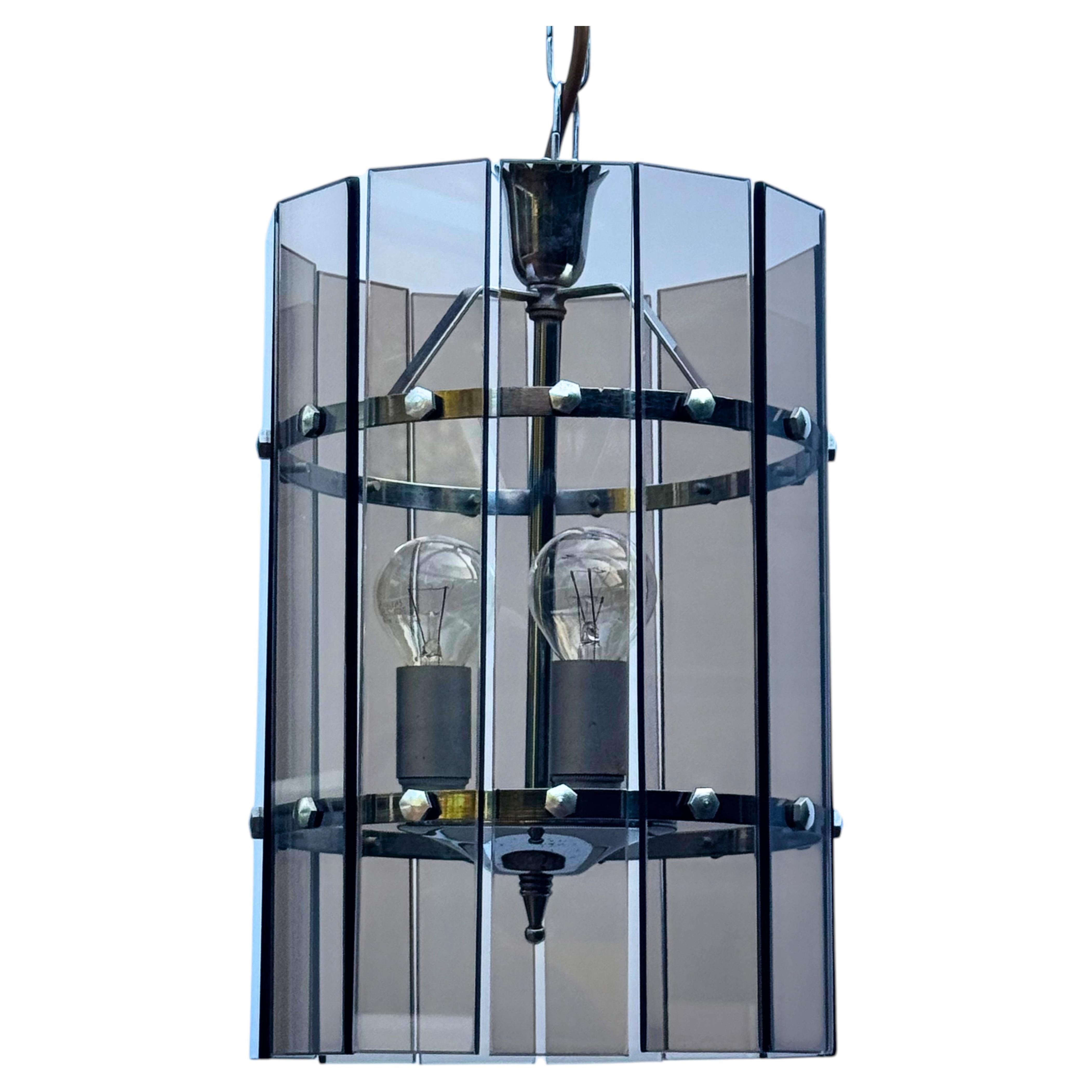Italian Smoked Glass and Brass Lantern Chandelier, in the Manner of Veca For Sale