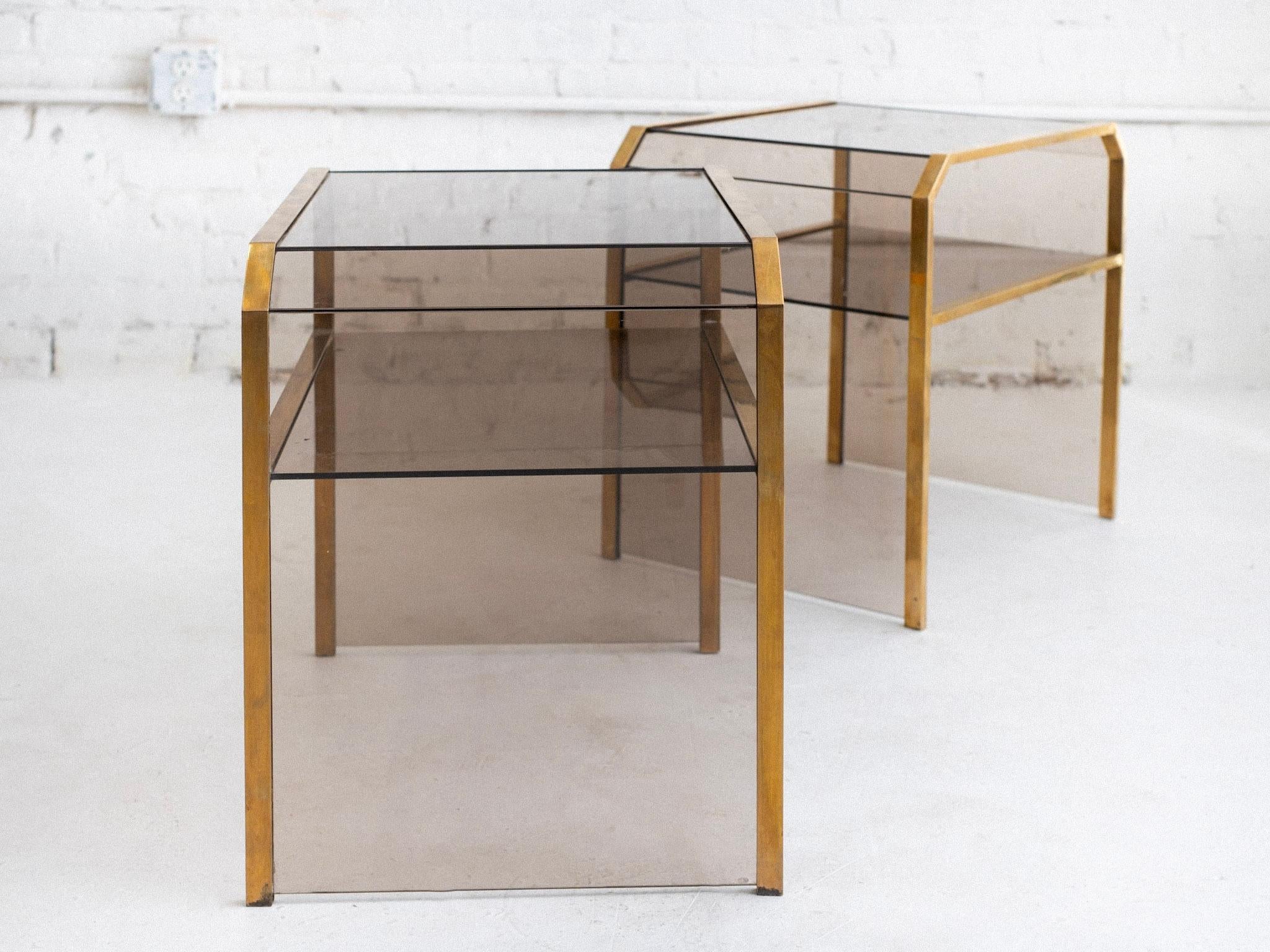 Hollywood Regency Italian Smoked Glass and Brass Side Tables - a Pair