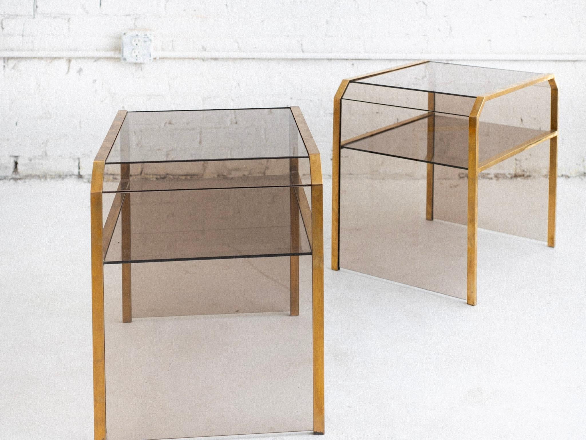 Italian Smoked Glass and Brass Side Tables - a Pair In Good Condition In Brooklyn, NY