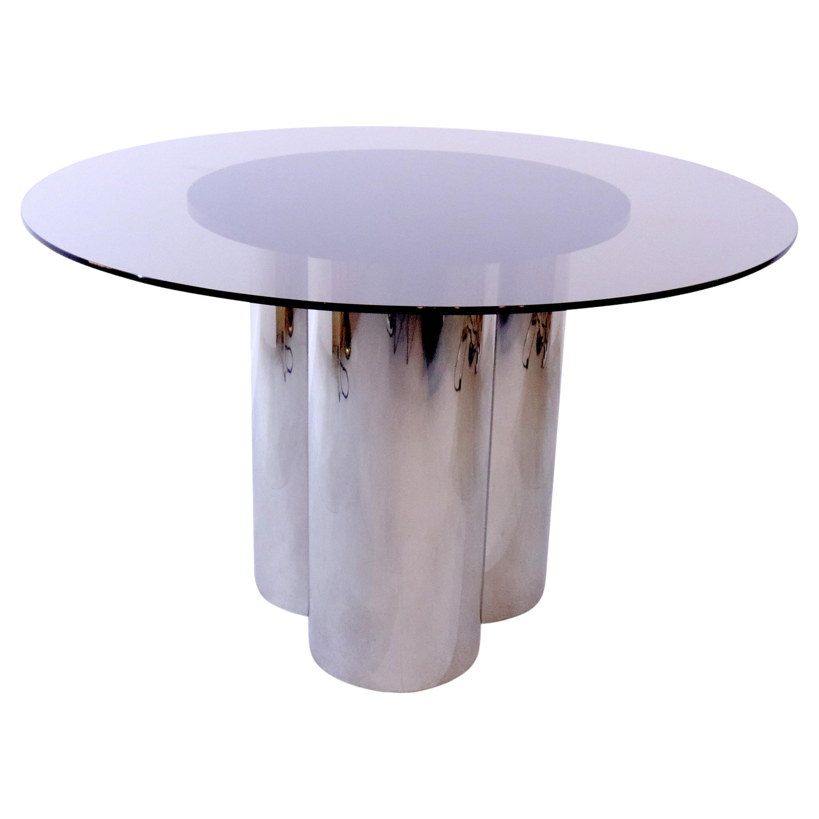 Italian Smoked Glass Circular Dining Table Set on a Tubular Chrome Base, 1970s