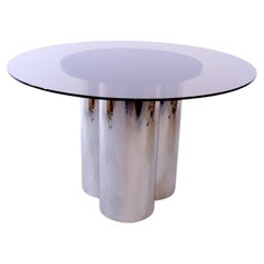 Italian Smoked Glass Circular Dining Table Set on a Tubular Chrome Base, 1970s