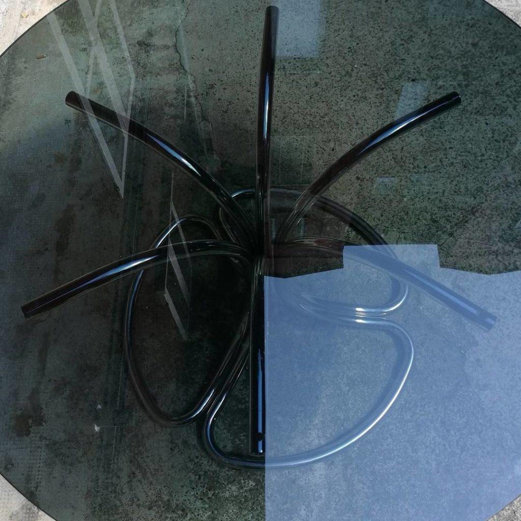 Mid-Century Modern Italian Smoked Glass Dining Table with Curved Chromed Steel Legs, 1970s