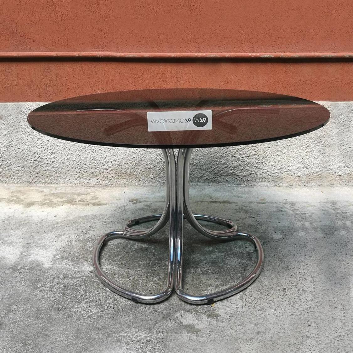 Italian Smoked Glass Dining Table with Curved Chromed Steel Legs, 1970s In Good Condition In MIlano, IT