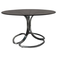 Italian Smoked Glass Dining Table with Curved Chromed Steel Legs, 1970s
