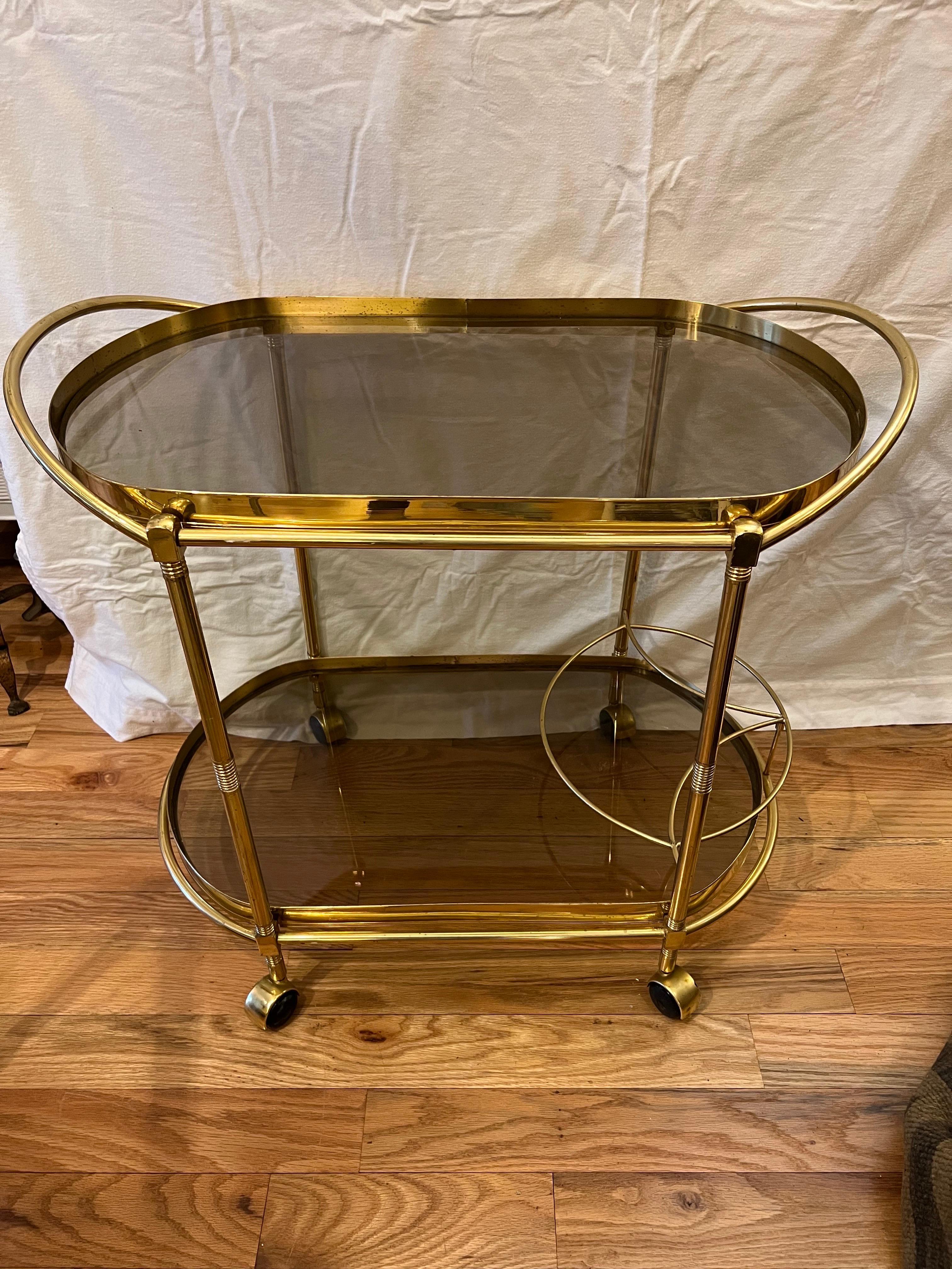 Hollywood Regency Italian Smoked Glass Two Tiered Oval Bar Cart