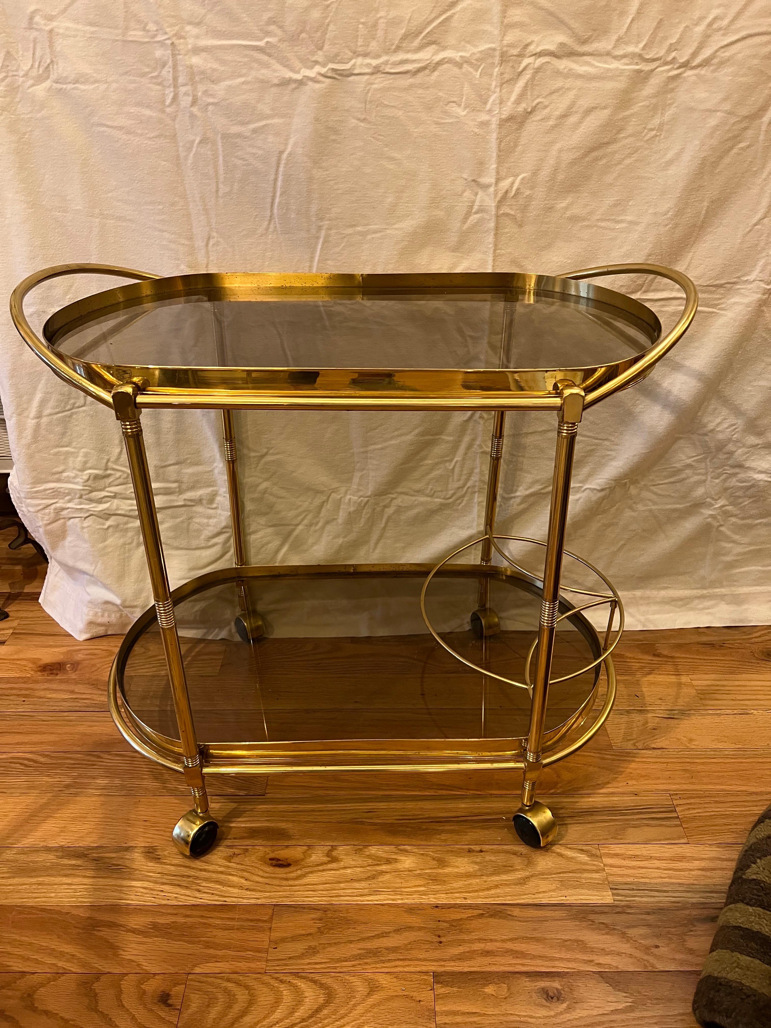 Italian Smoked Glass Two Tiered Oval Bar Cart 1