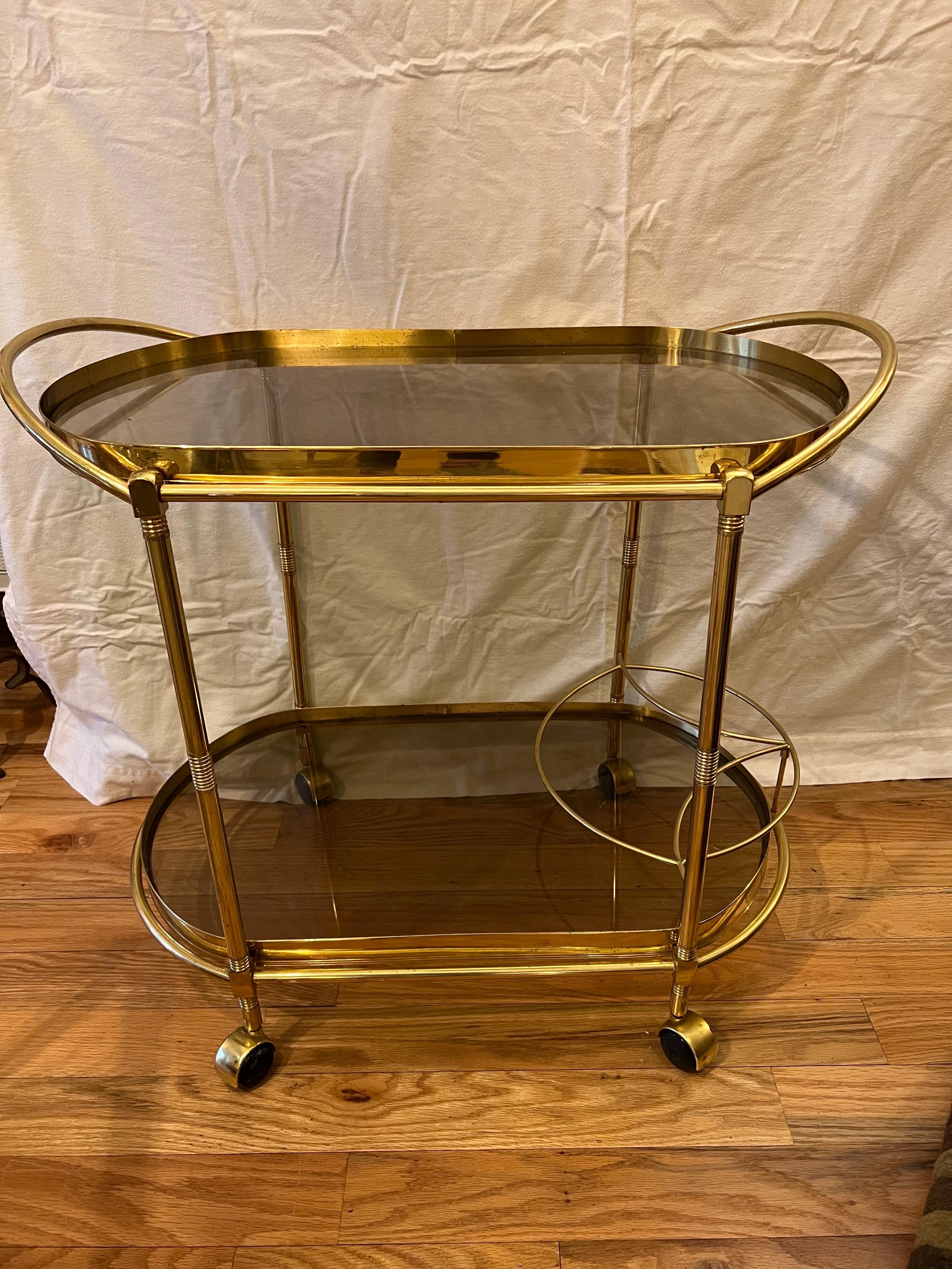 Italian Smoked Glass Two Tiered Oval Bar Cart 2