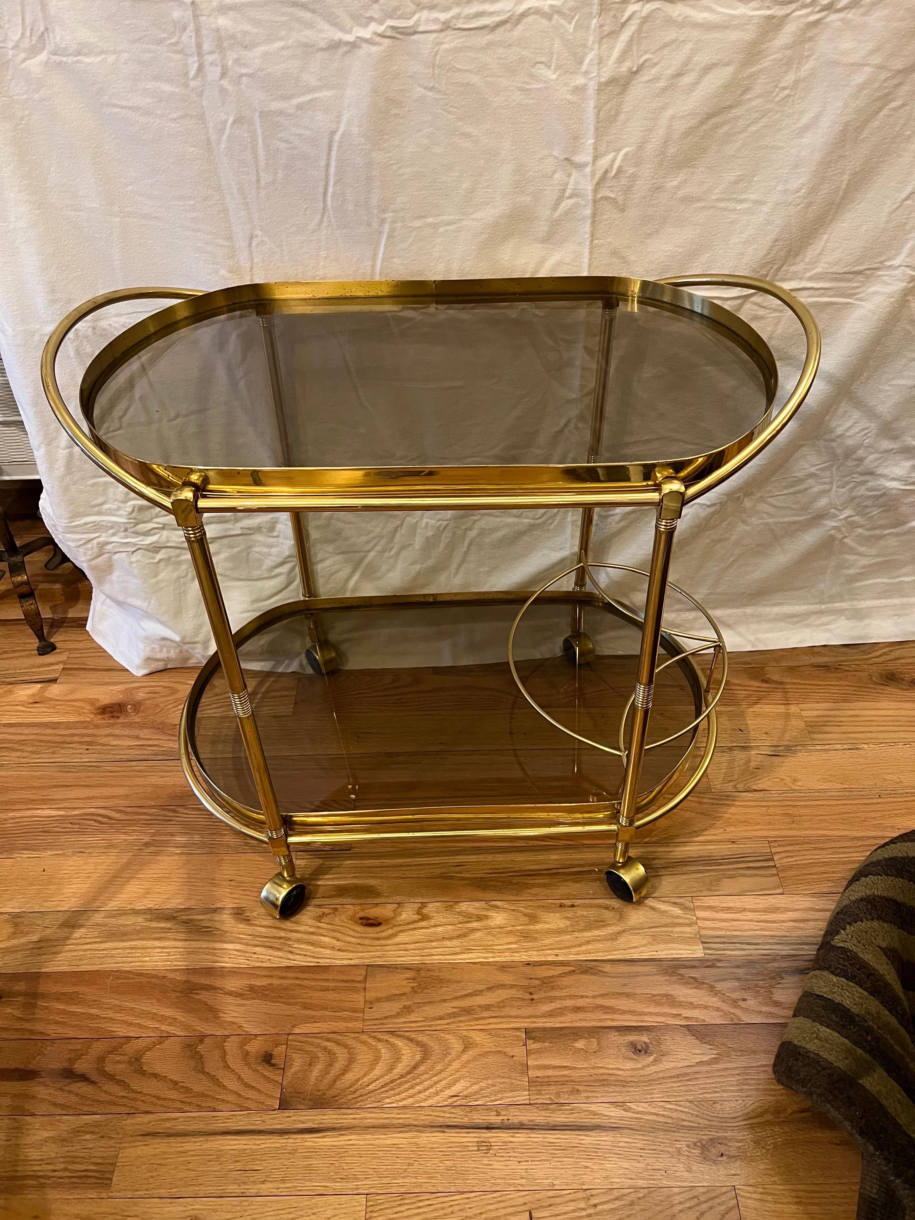 Italian Smoked Glass Two Tiered Oval Bar Cart 3