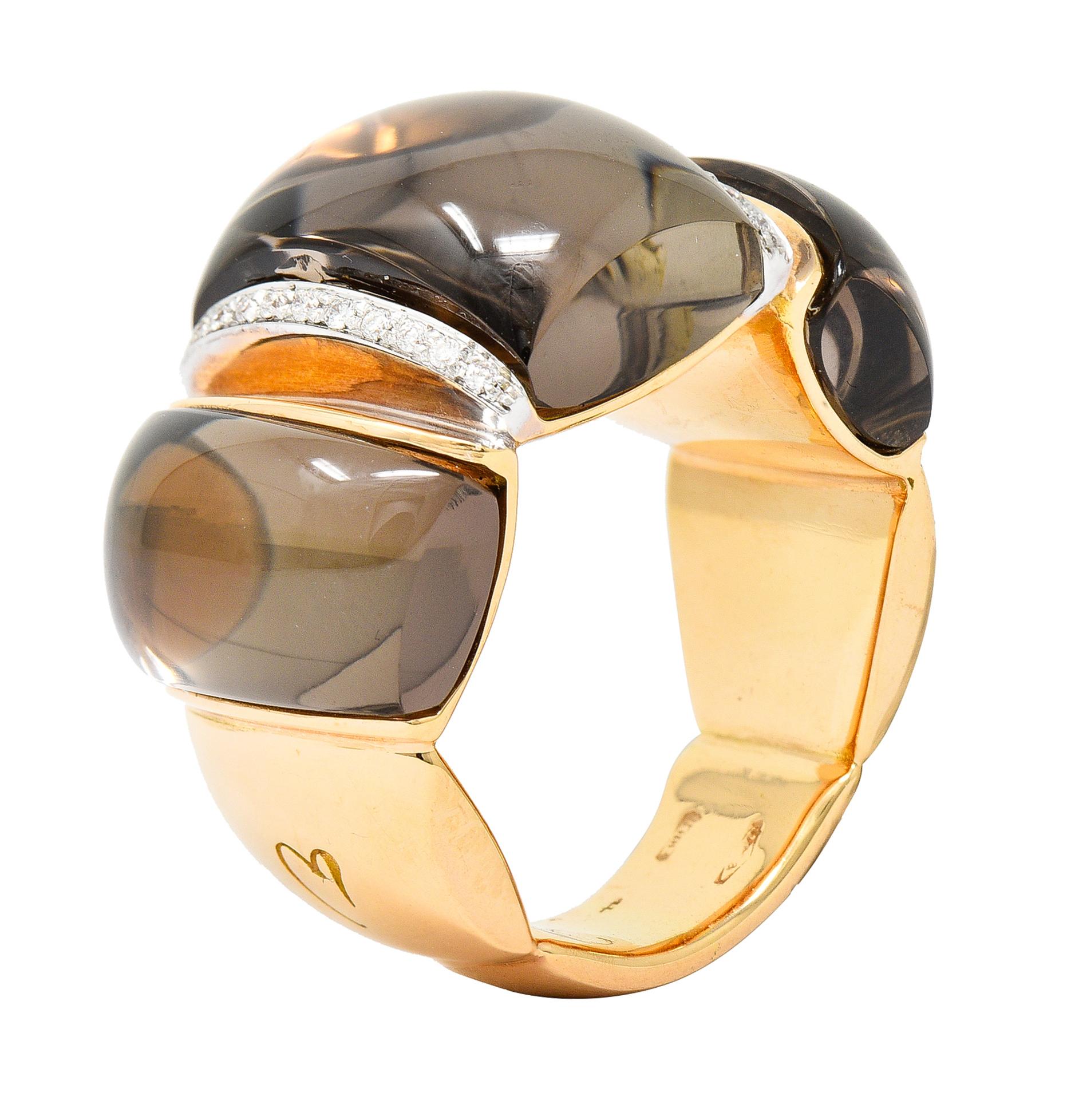 Italian Smokey Quartz Diamond 18 Karat Two-Tone Gold Gemstone Band Ring 4