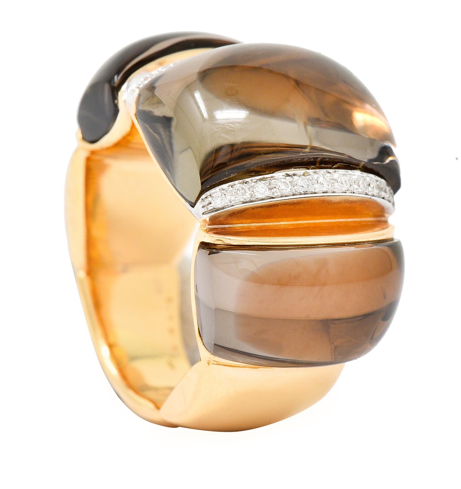 Italian Smokey Quartz Diamond 18 Karat Two-Tone Gold Gemstone Band Ring 5