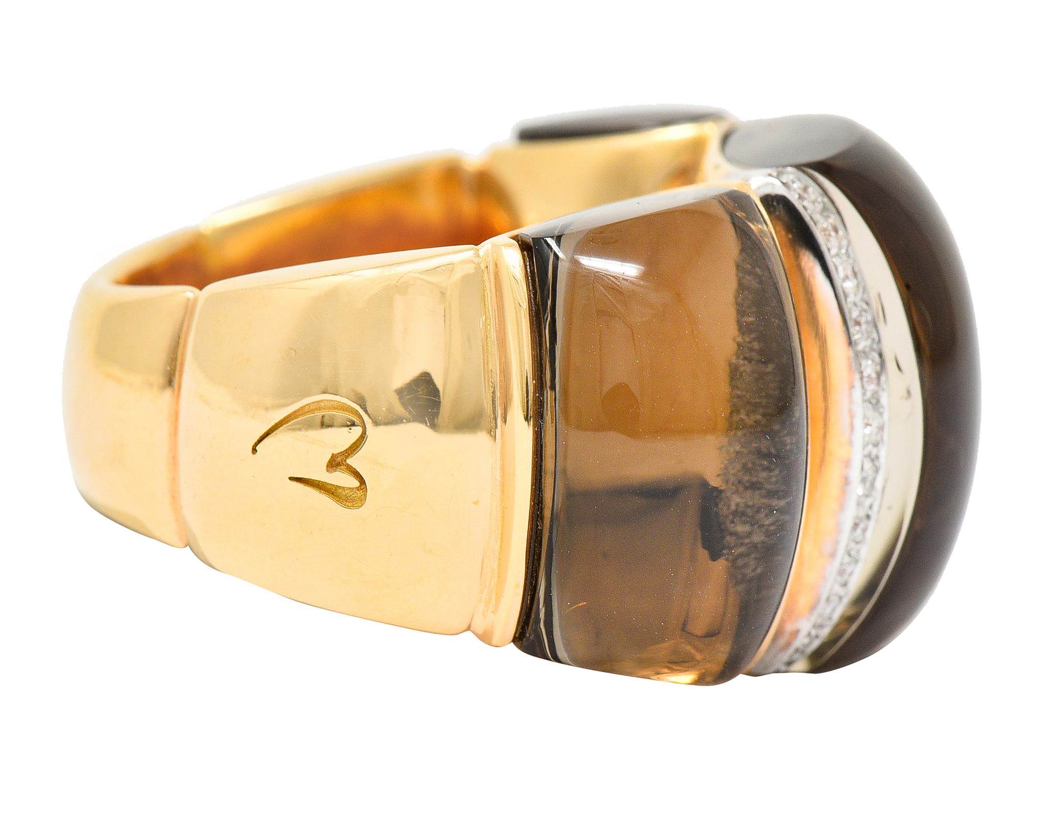 Contemporary Italian Smokey Quartz Diamond 18 Karat Two-Tone Gold Gemstone Band Ring