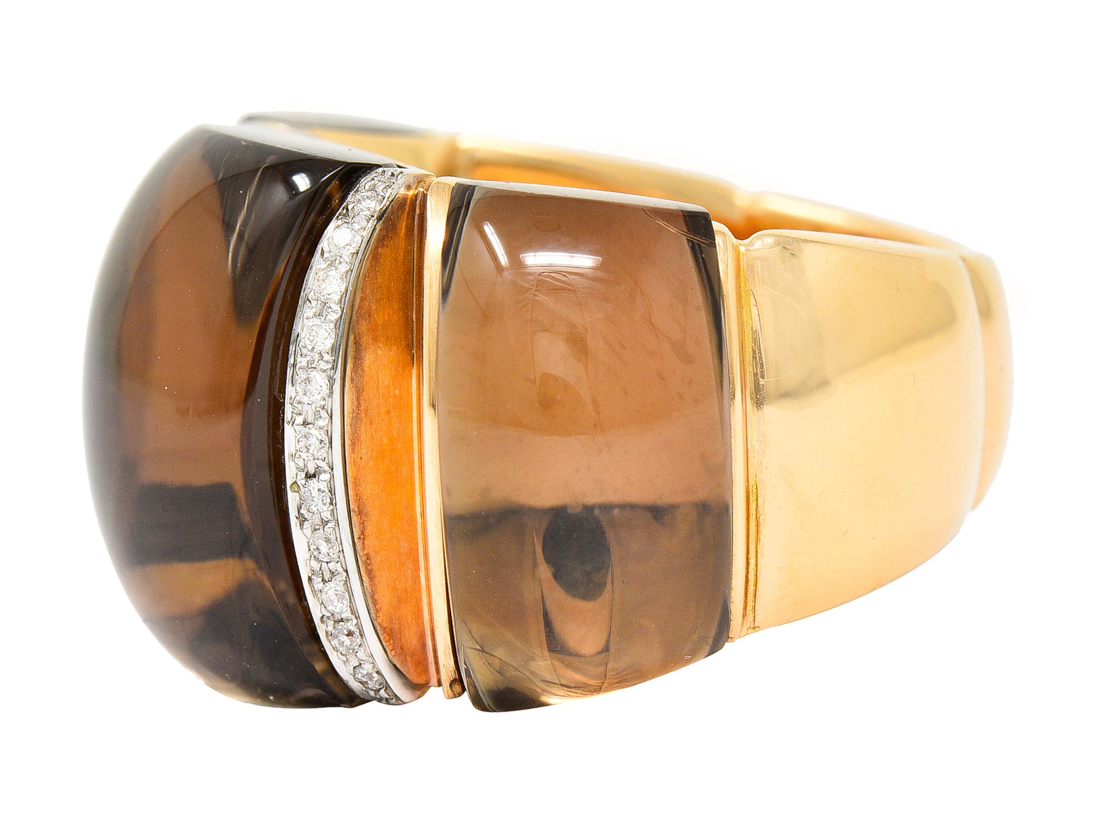 Italian Smokey Quartz Diamond 18 Karat Two-Tone Gold Gemstone Band Ring In Excellent Condition In Philadelphia, PA