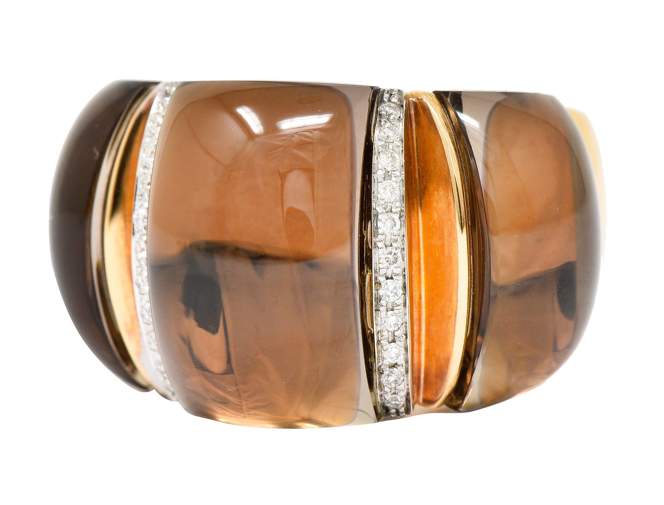 Women's or Men's Italian Smokey Quartz Diamond 18 Karat Two-Tone Gold Gemstone Band Ring