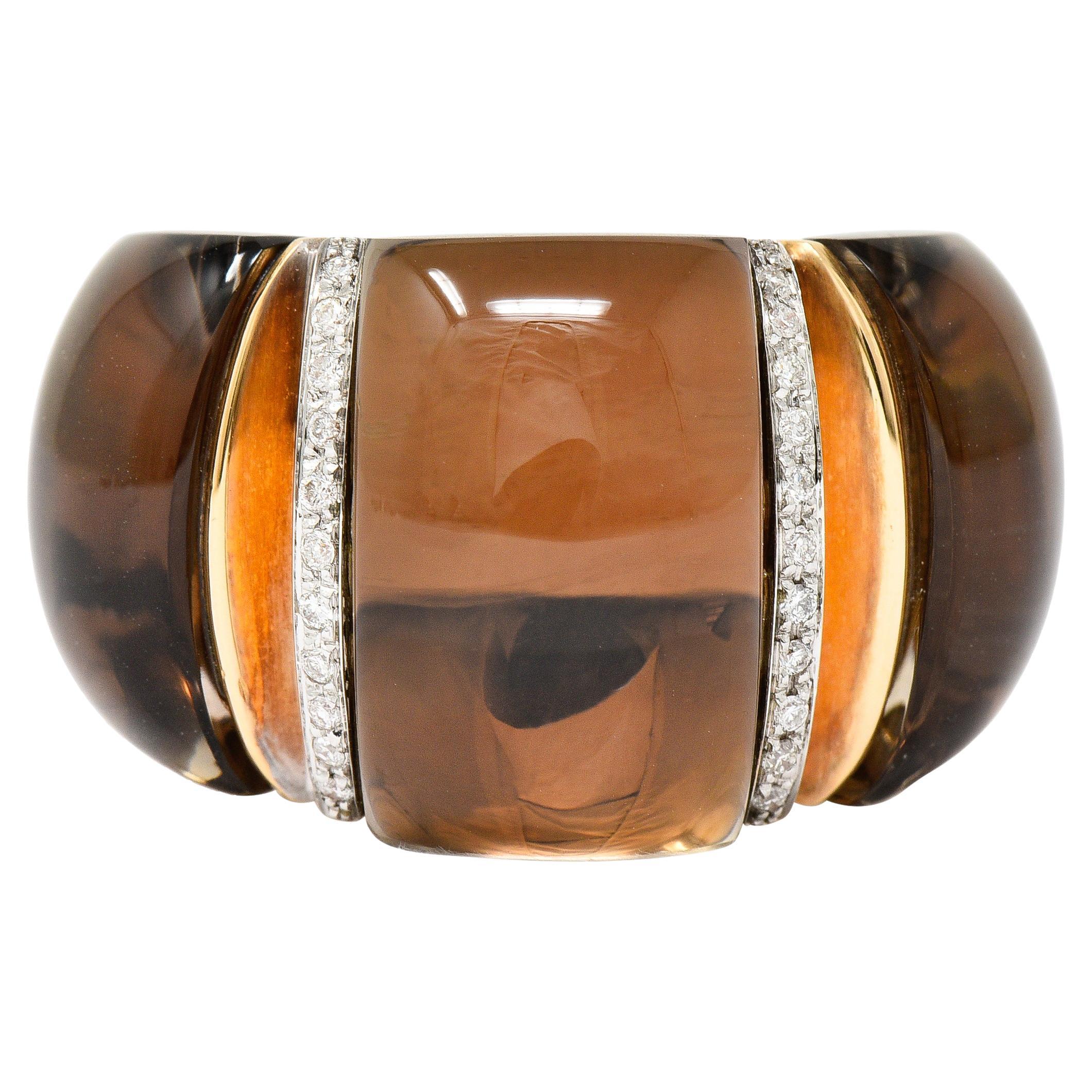 Italian Smokey Quartz Diamond 18 Karat Two-Tone Gold Gemstone Band Ring