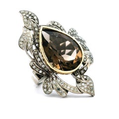 Italian Smoky Topaz & Diamond Ring in Sterling Silver and 14K Gold, c. 1980s