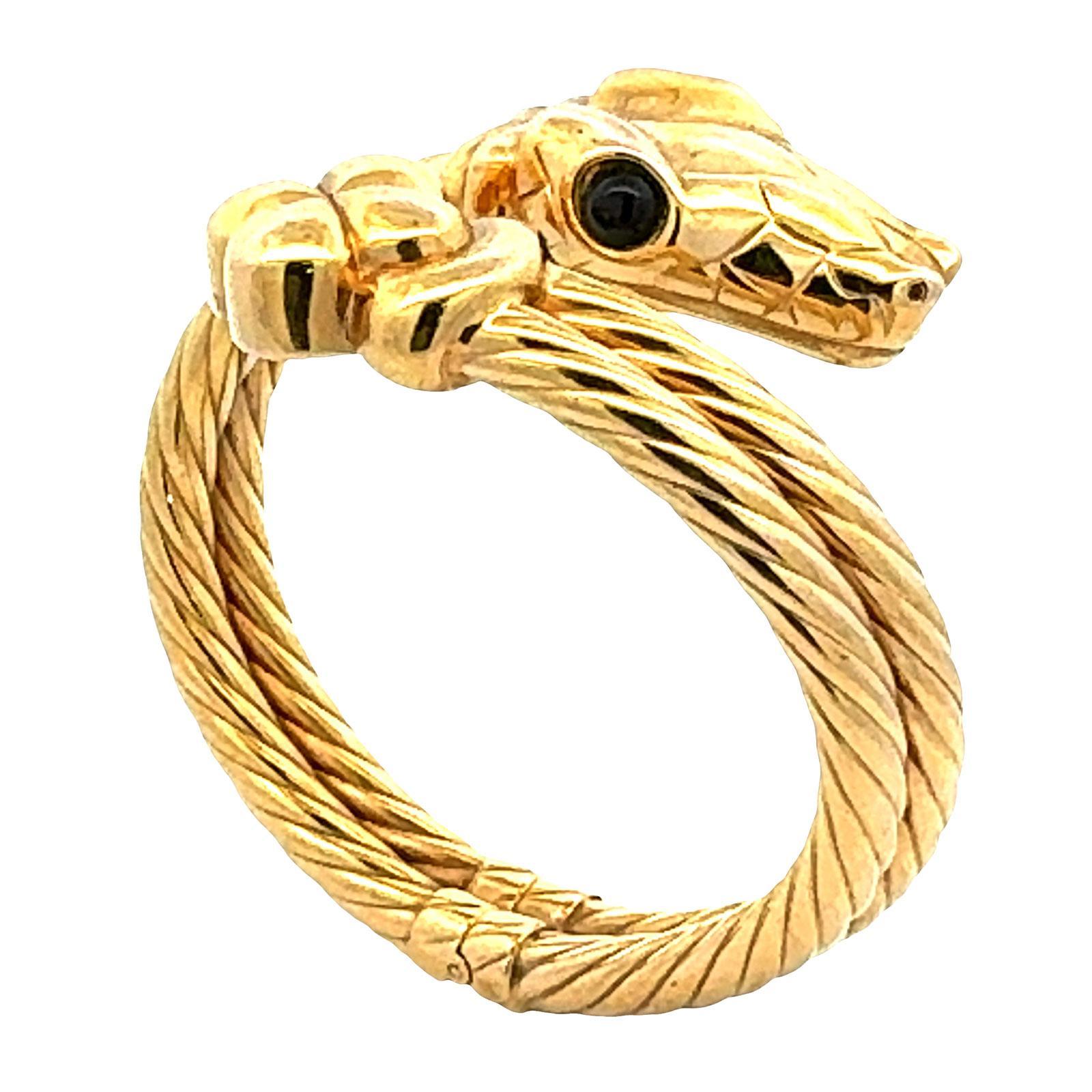 Italienische Schlange 14 Karat Gelbgold Scharnier zwei Reihen Kabel Vintage Armreif Armband (Zeitgenössisch) im Angebot