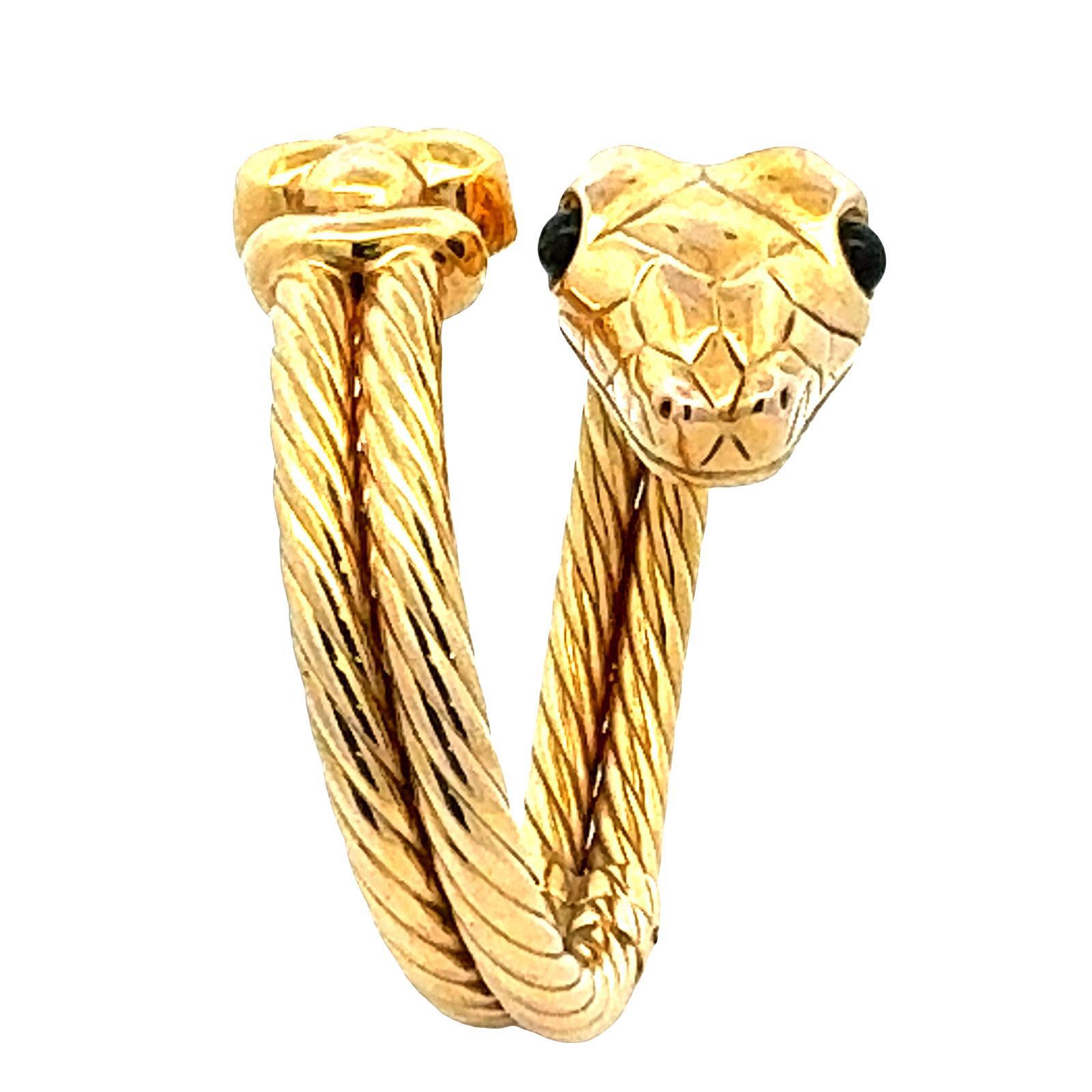 Italienische Schlange 14 Karat Gelbgold Scharnier zwei Reihen Kabel Vintage Armreif Armband im Zustand „Hervorragend“ im Angebot in Boca Raton, FL