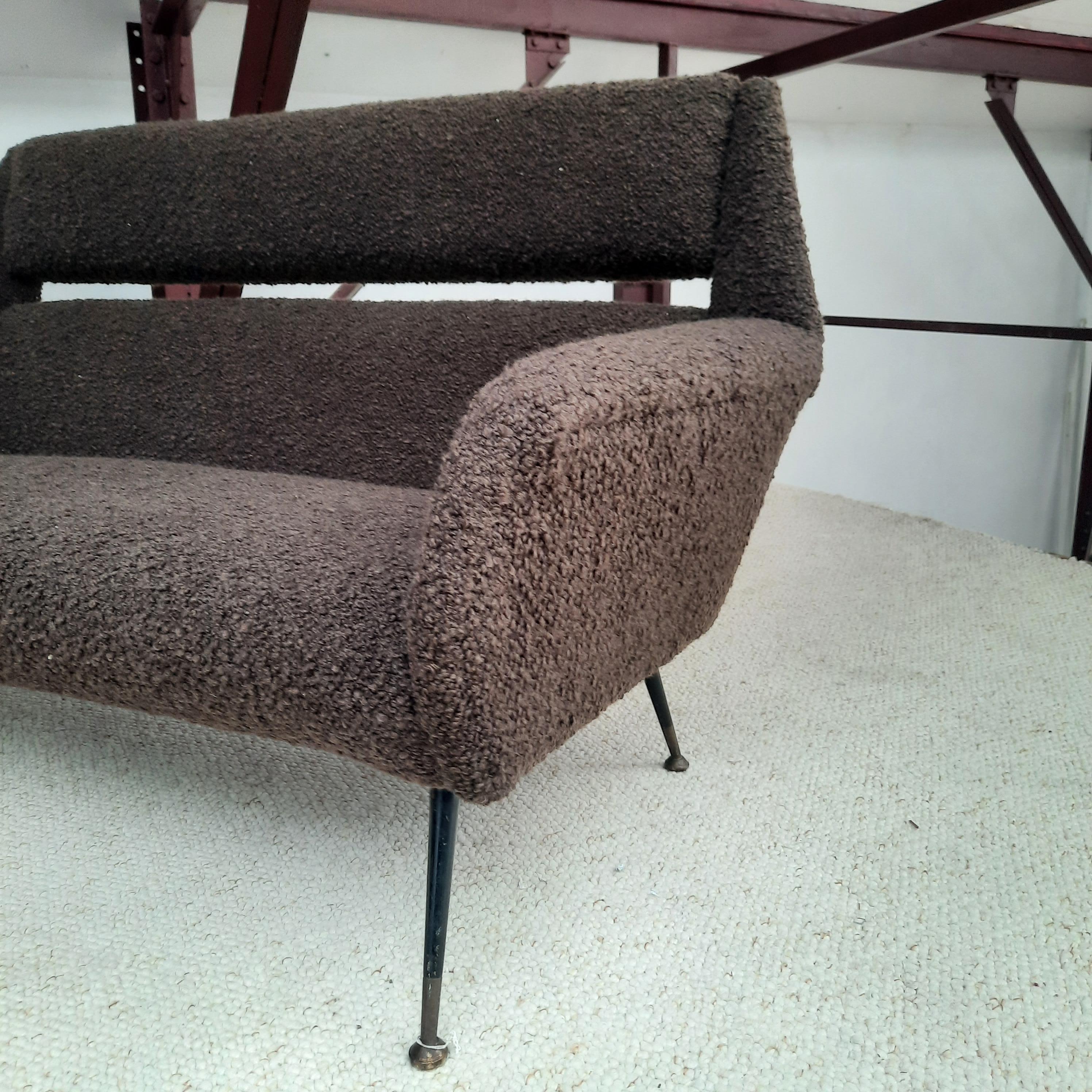 Mid-Century Modern Italian Sofa 1950, Reupholstered in Chocolate Bouclé For Sale