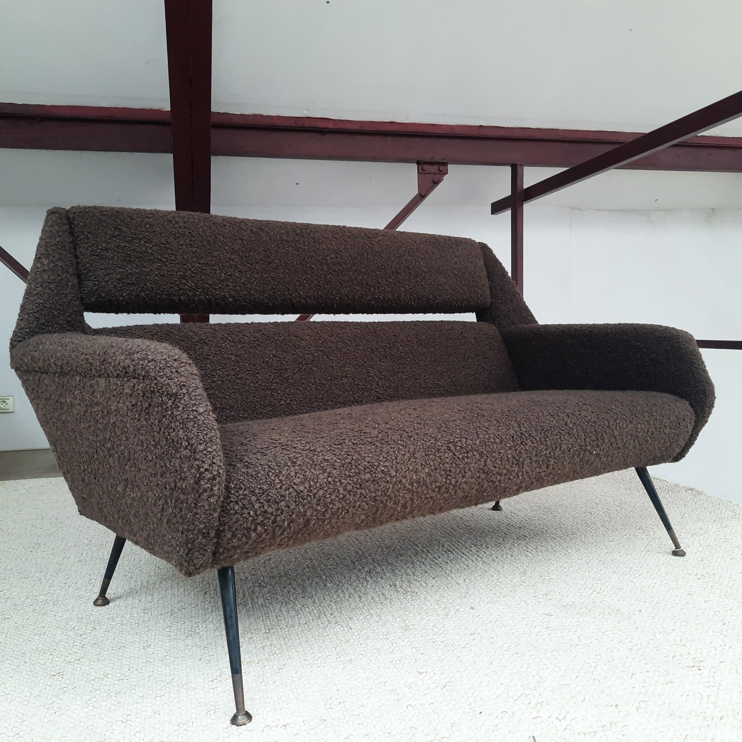 Italian Sofa 1950, Reupholstered in Chocolate Bouclé For Sale 2