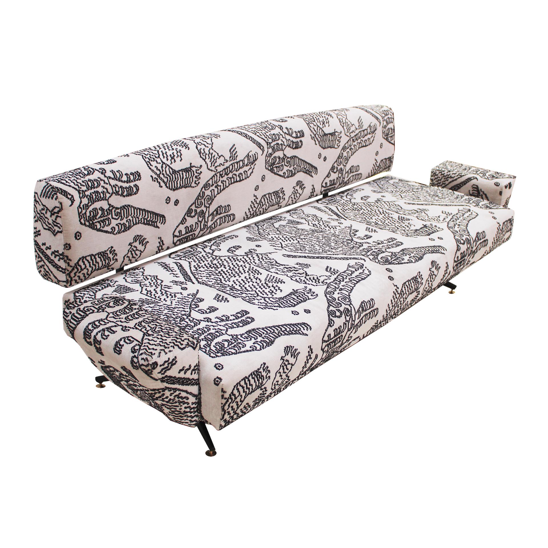 This 1950s Italian sofa features a sleek metal frame. Its cotton fabric upholstery, with Dedar's distinctive 'Tiger Mountain' design, adds a touch of unique and timeless style.

Measurements: W 195 x D 77 x H 48/70 cm

Every item LA Studio offers is