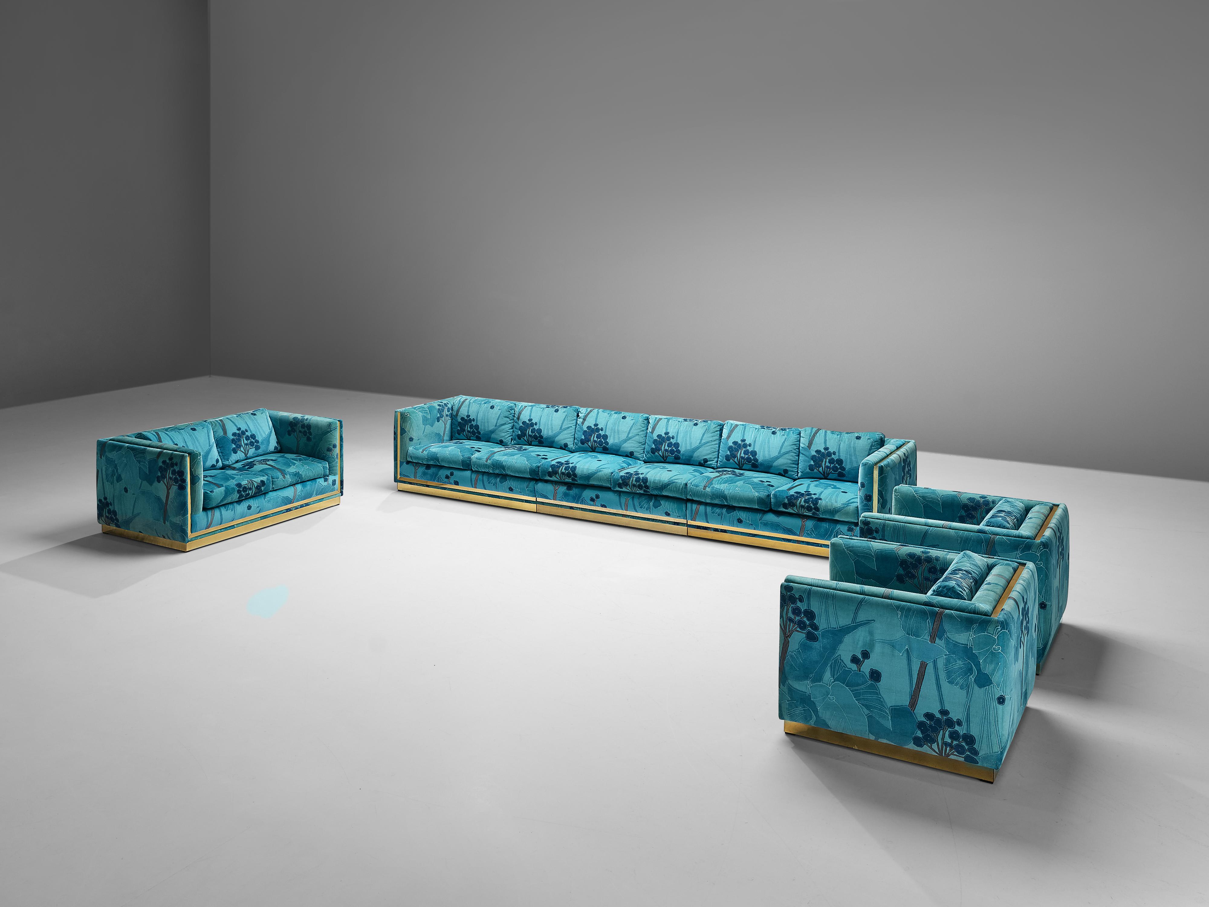 Post-Modern Italian Sofa in Blue and Turquoise Flower Upholstery