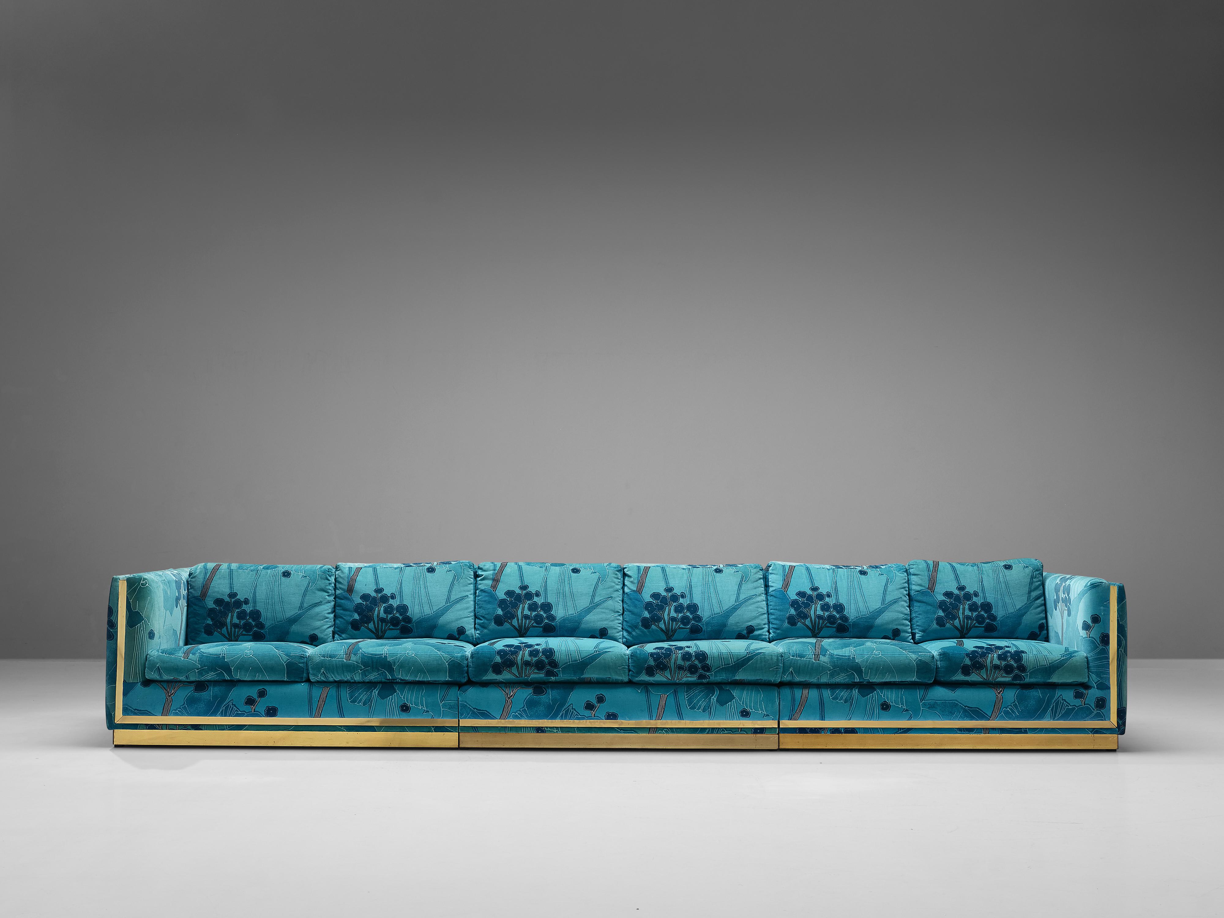 Brass Italian Sofa in Blue and Turquoise Flower Upholstery