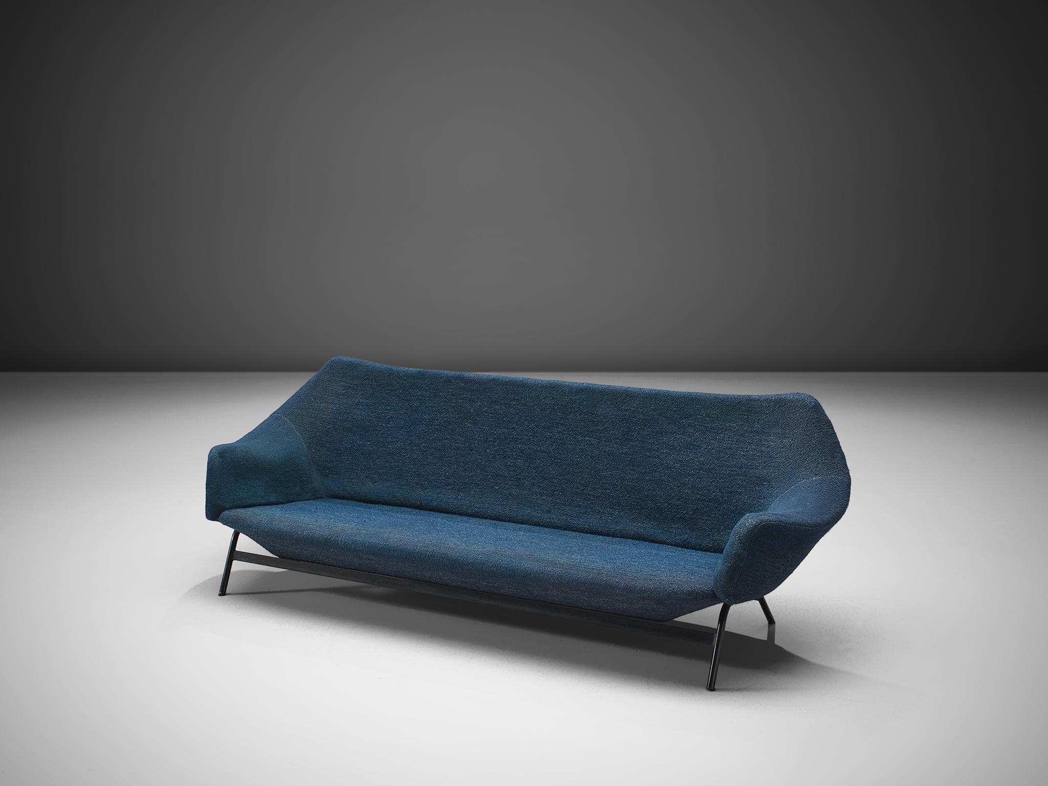 Sofa, blue fabric and black coated metal, Italy, 1950s.

This is Italian sofa is upholstered with a sea blue fabric. Designed and made in Italy in the style of Augusto Bozzi. Elegant organic shaped settee in blue upholstery, made with nicely