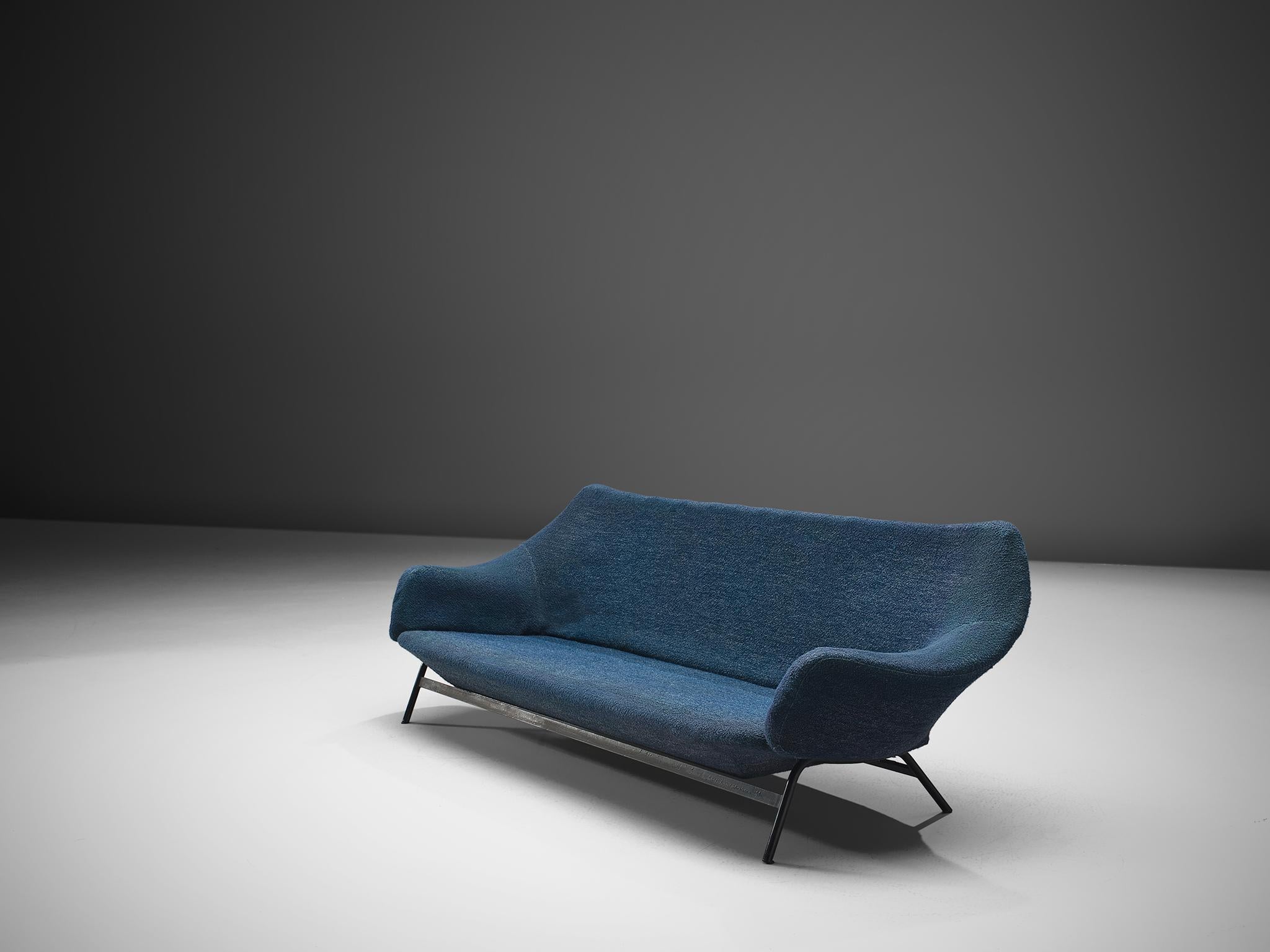 Mid-Century Modern Italian Sofa in Blue Fabric and Metal, circa 1950