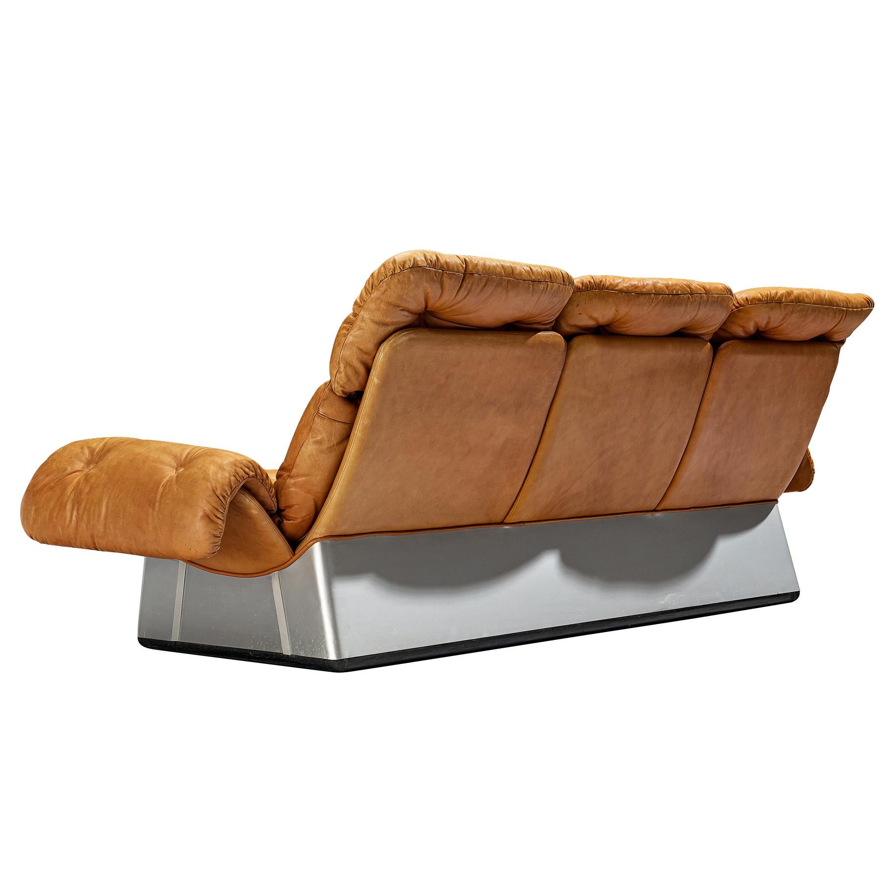 Italian Sofa in Cognac Leather and Aluminum For Sale