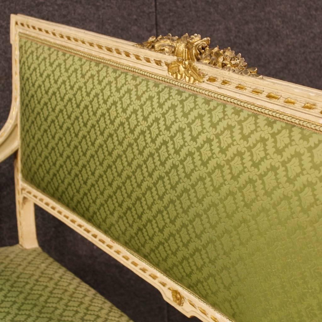Fabric Italian Sofa in Lacquered and Giltwood in Louis XVI Style from 20th Century
