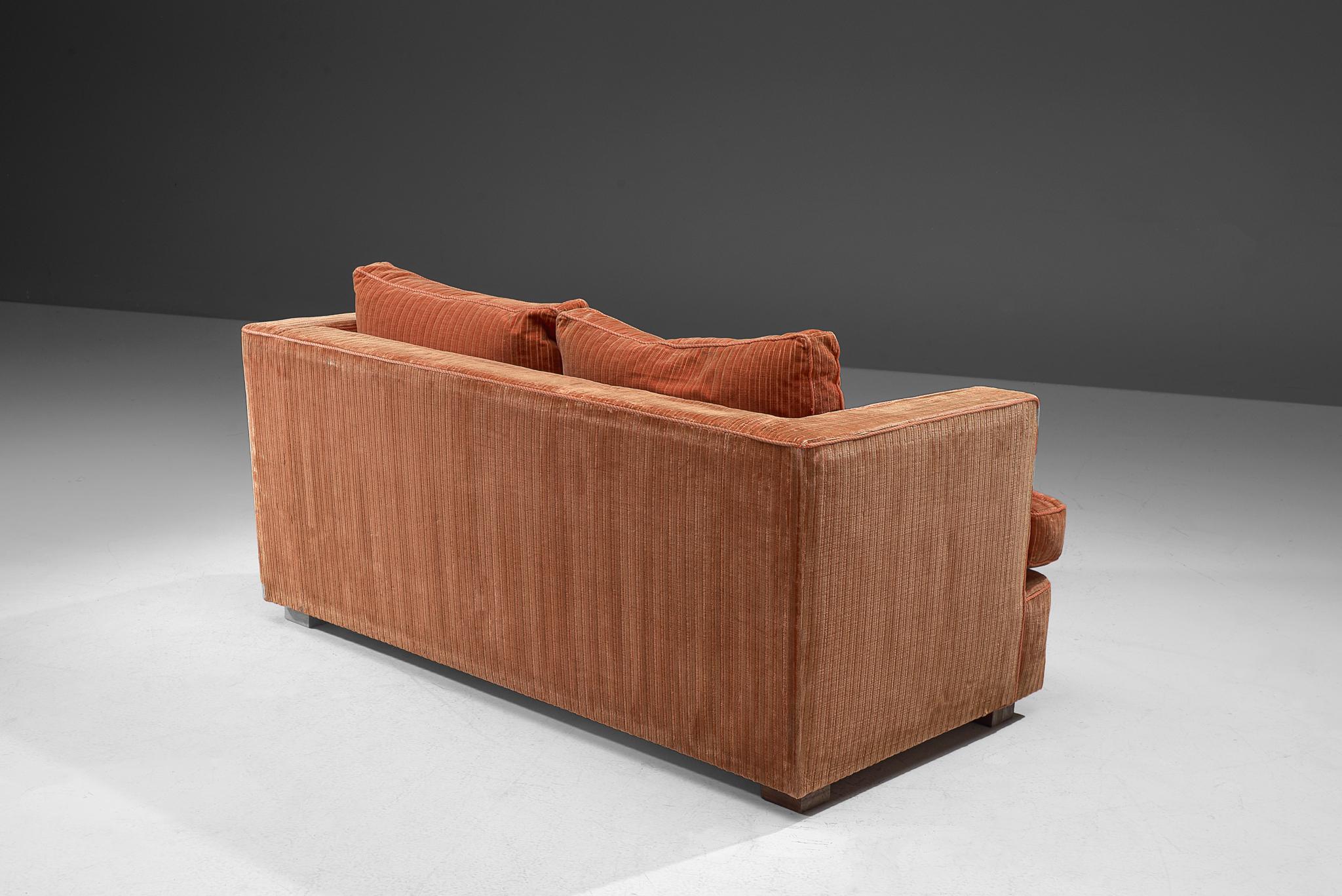 Mid-Century Modern Italian Sofa in Peach Corduroy Velvet 