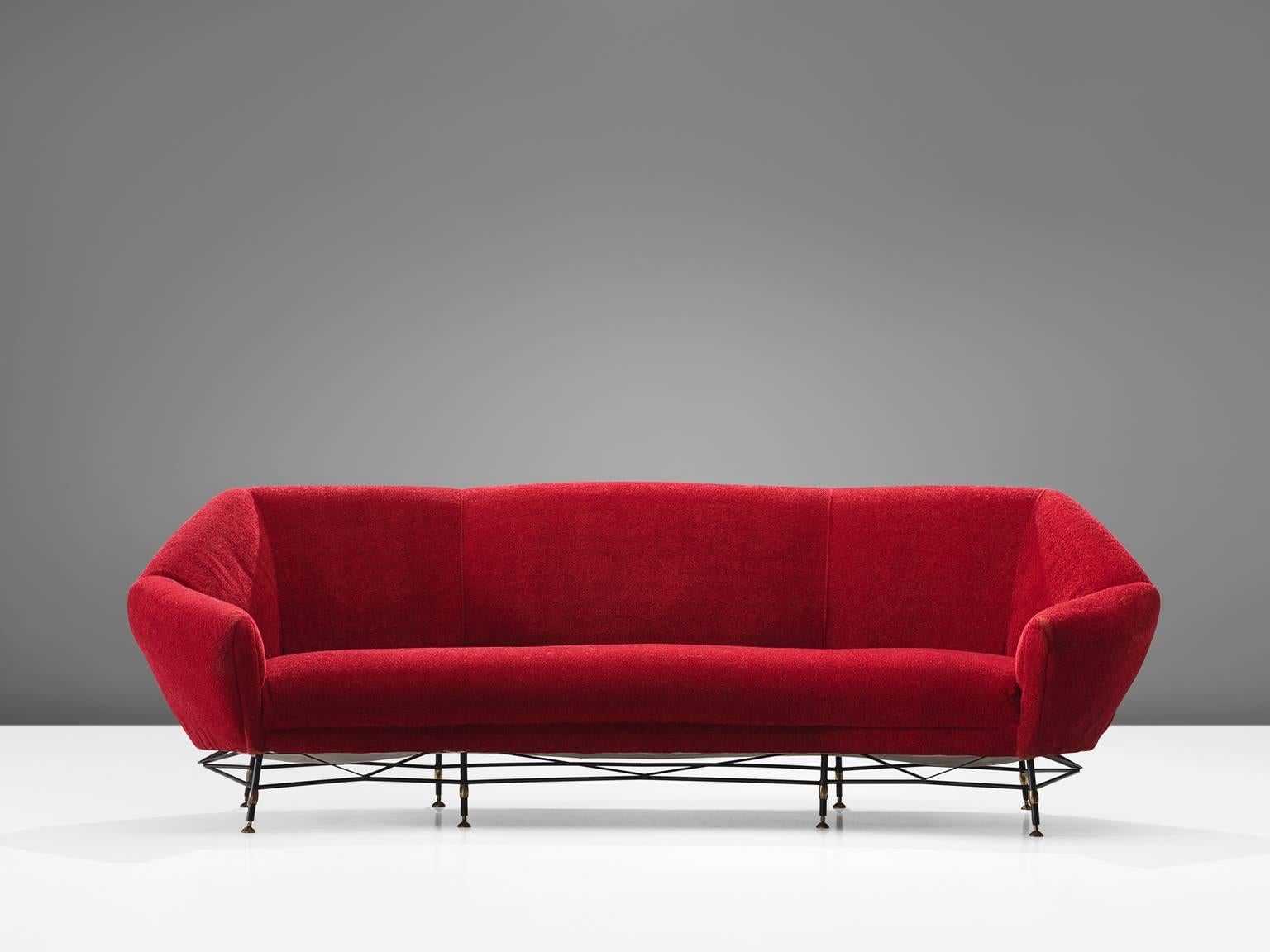 Sofa, red fabric and metal, Italy, 1950s.

This is Italian sofa is upholstered with a bright red fabric. Designed and made in Italy in the style of Augusto Bozzi. Elegant organic shaped settee in red upholstery, made with nicely shaped black painted