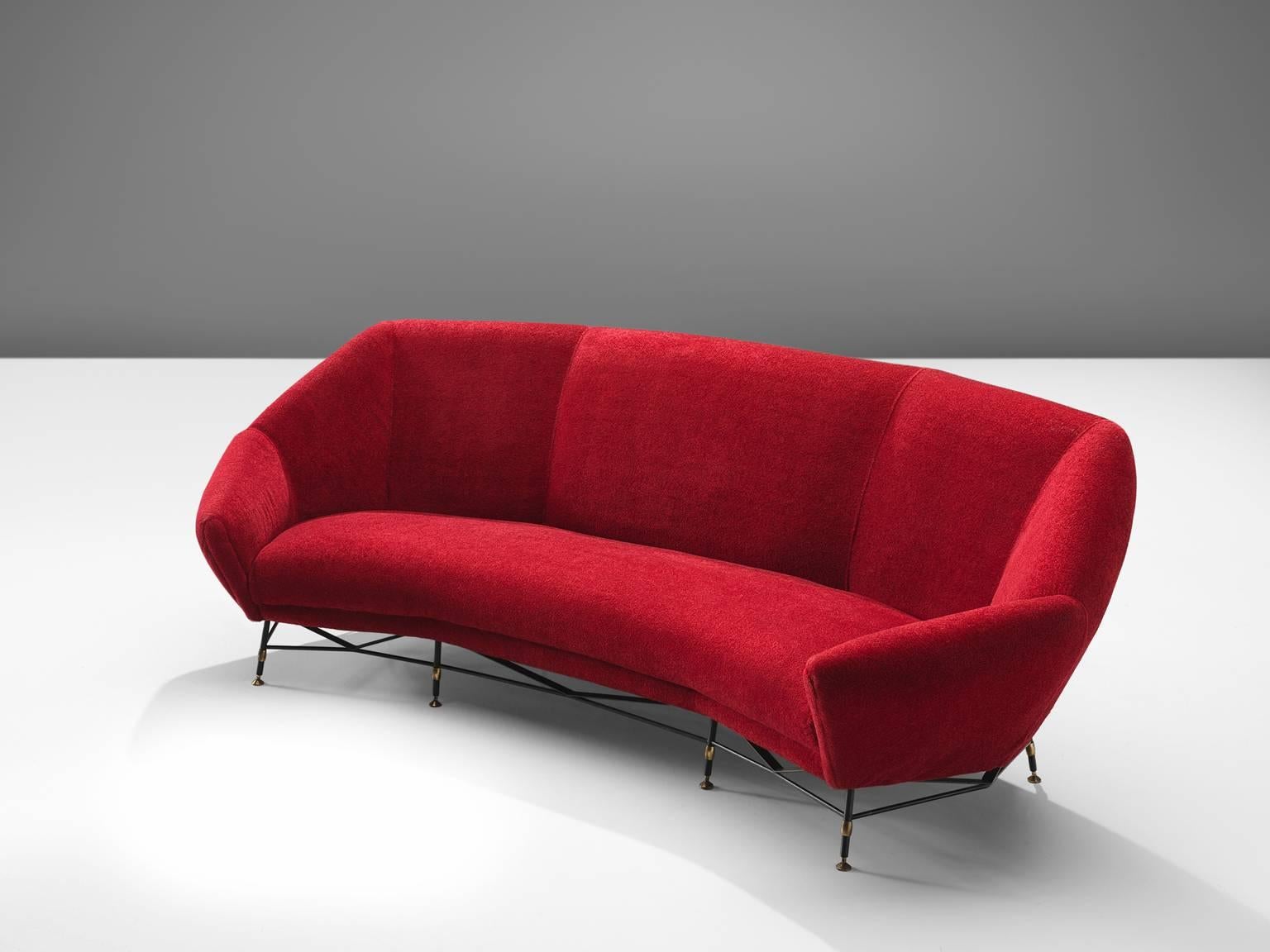 Mid-Century Modern Italian Sofa in Red Fabric and Metal, circa 1950