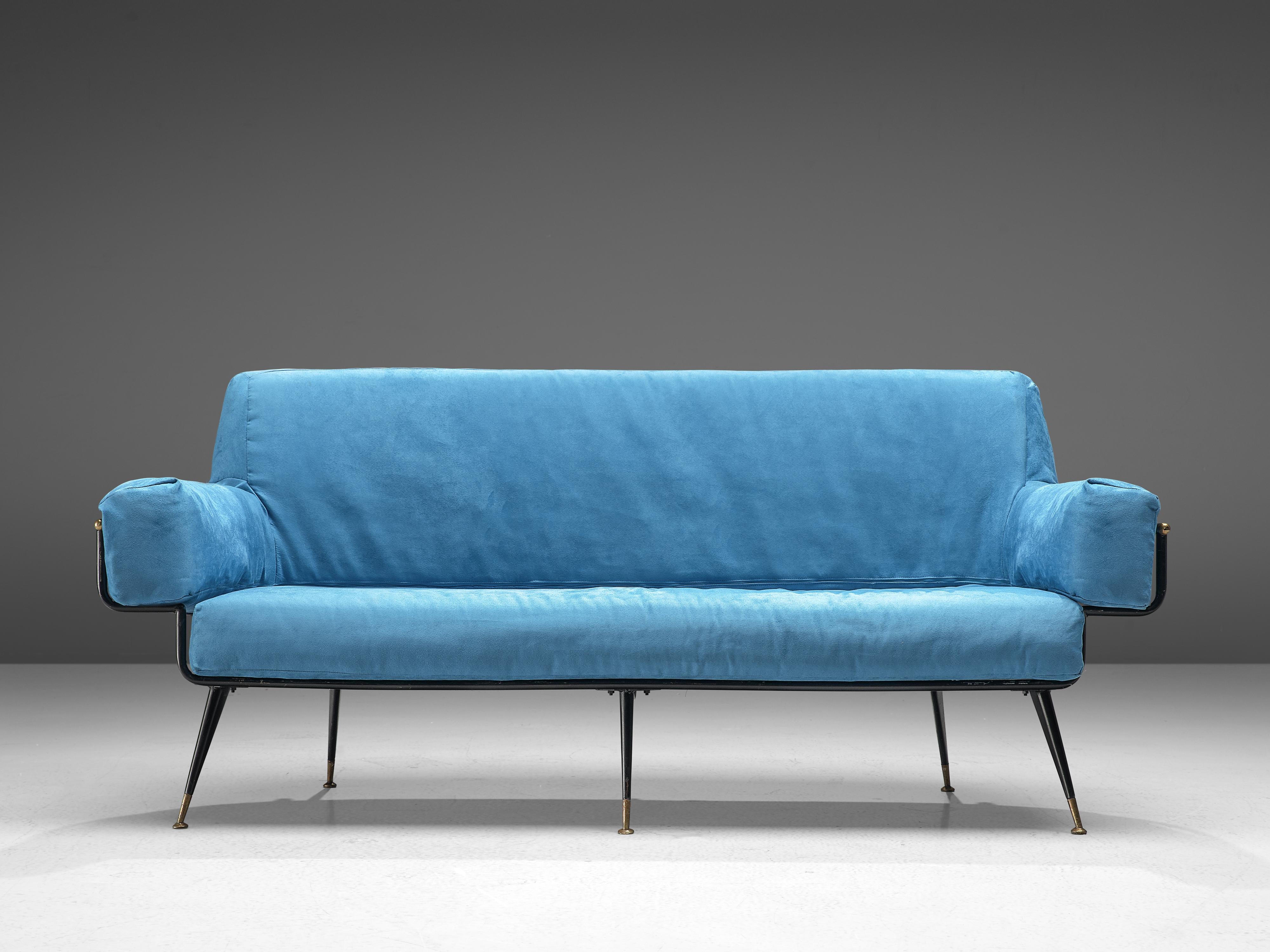 Mid-Century Modern Italian Sofa in Vibrant Blue Velvet For Sale