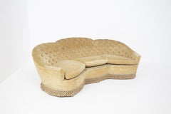 Italian Sofa Semi-Curved Quilted Yellow Fabric with Fringe