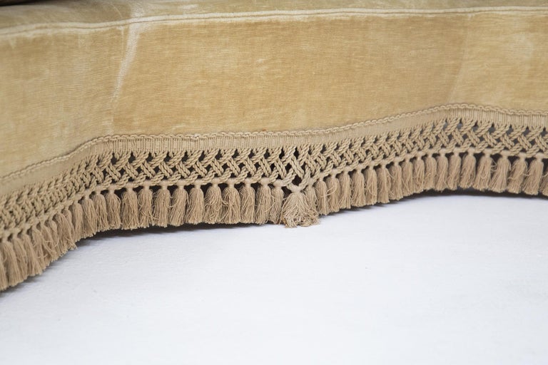 Mid-20th Century Italian Sofa Semi-Curved Quilted Yellow Fabric with Fringe