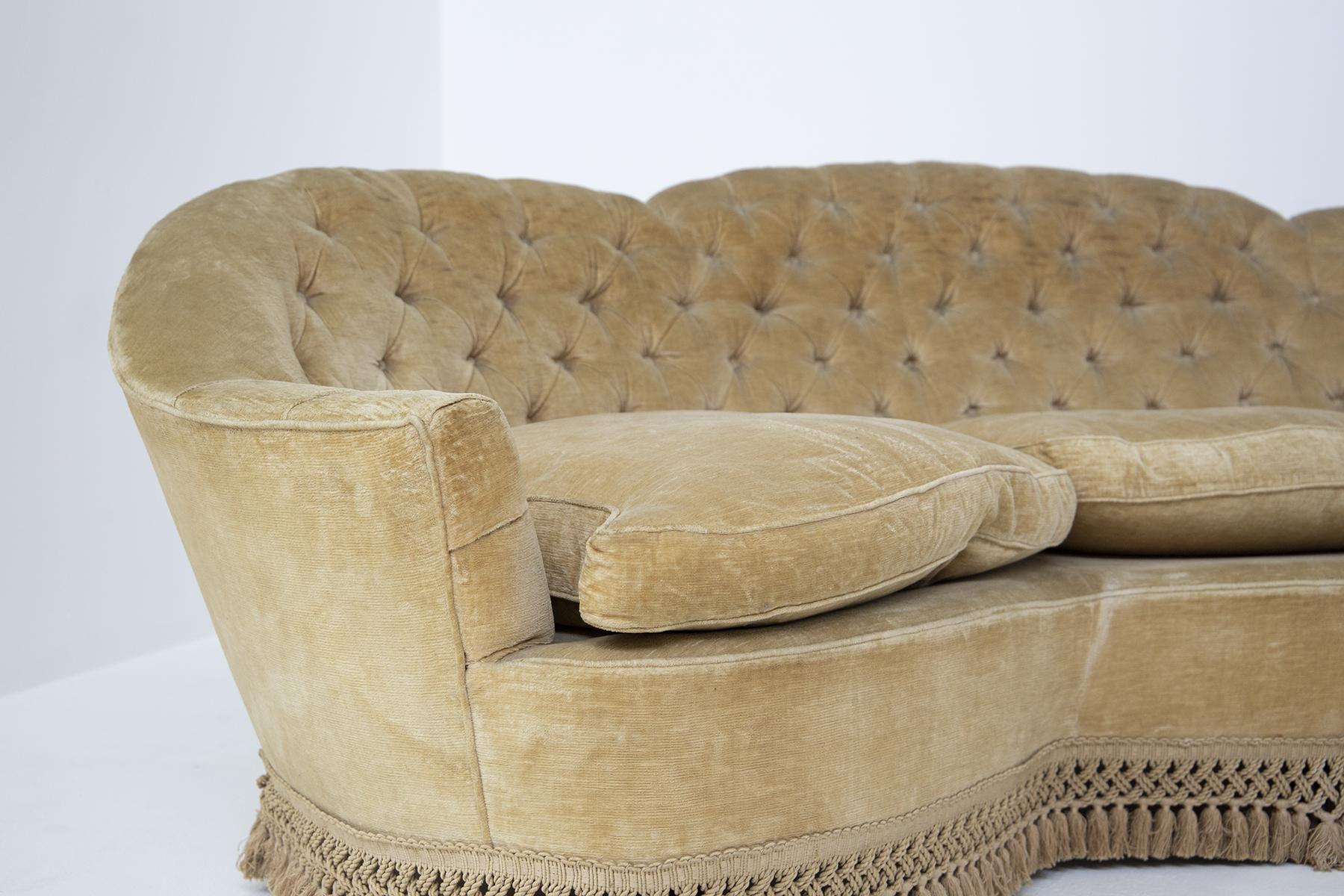 Italian Sofa Semi-Curved Quilted Yellow Fabric with Fringe In Good Condition In Milano, IT