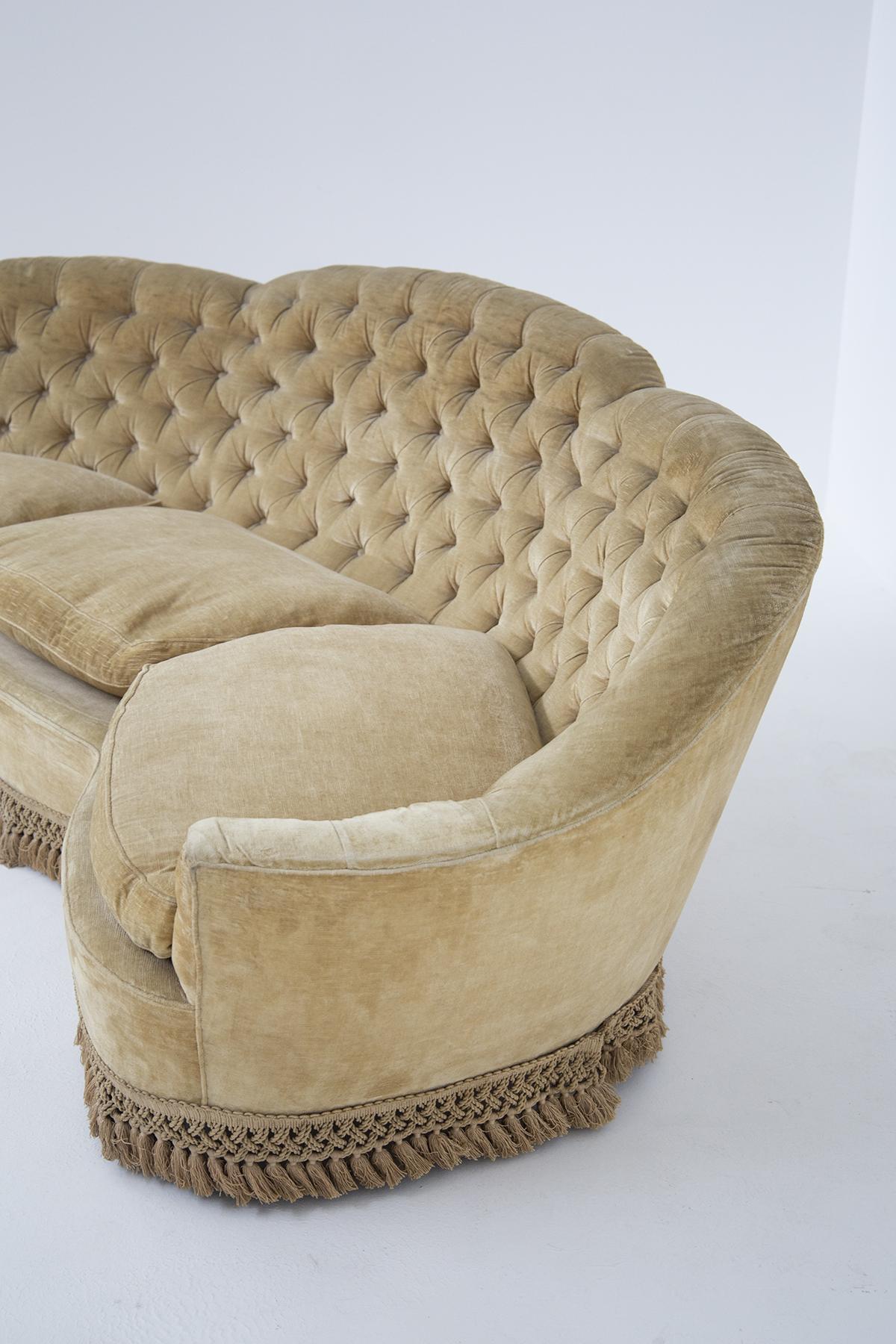 Mid-20th Century Italian Sofa Semi-Curved Quilted Yellow Fabric with Fringe