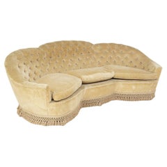 Italian Sofa Semi-Curved Quilted Yellow Fabric with Fringe