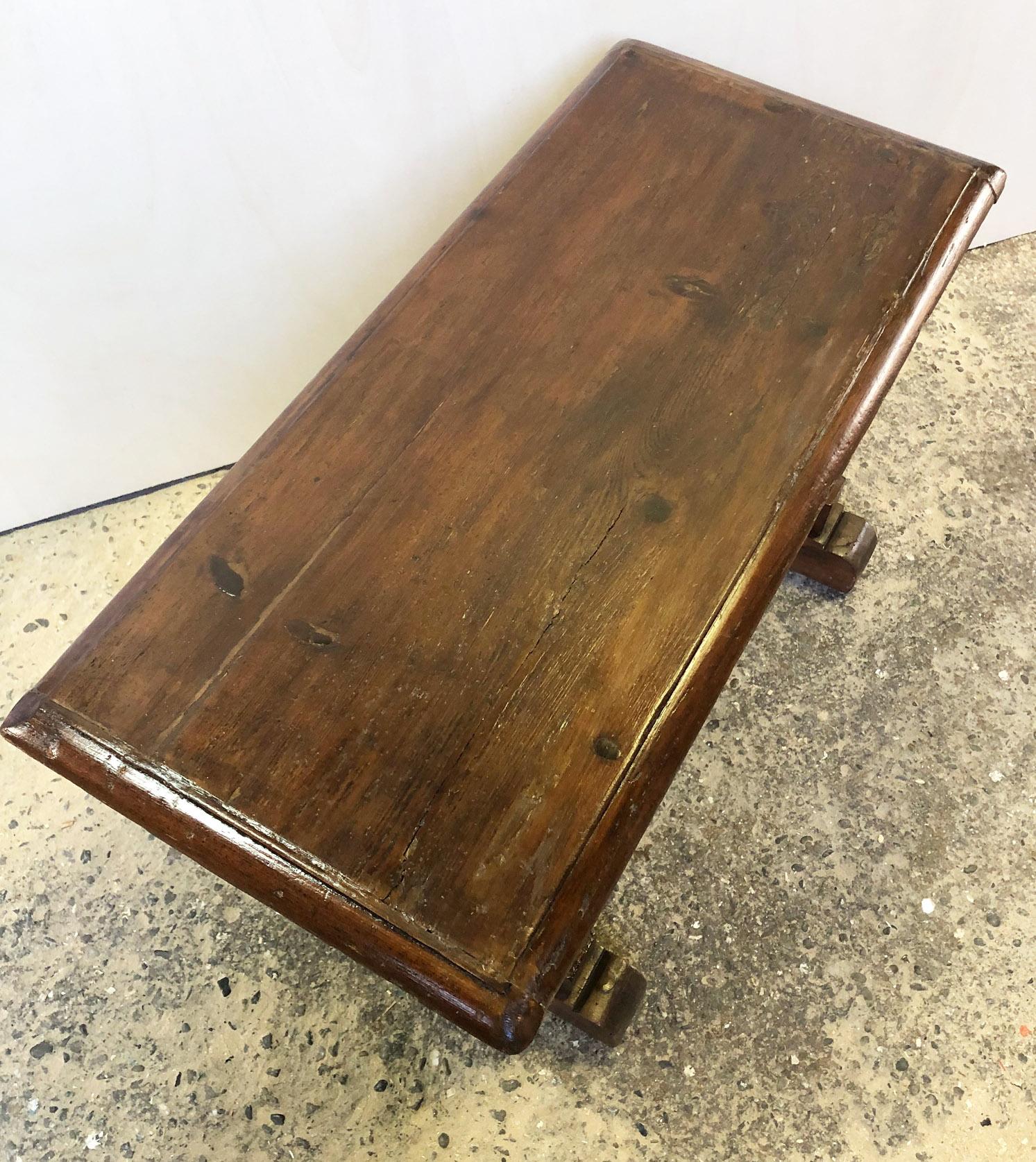 Italian Sofa Table from 1900 in Solid Fir, Very Sturdy, Honey Color, Rustic 2